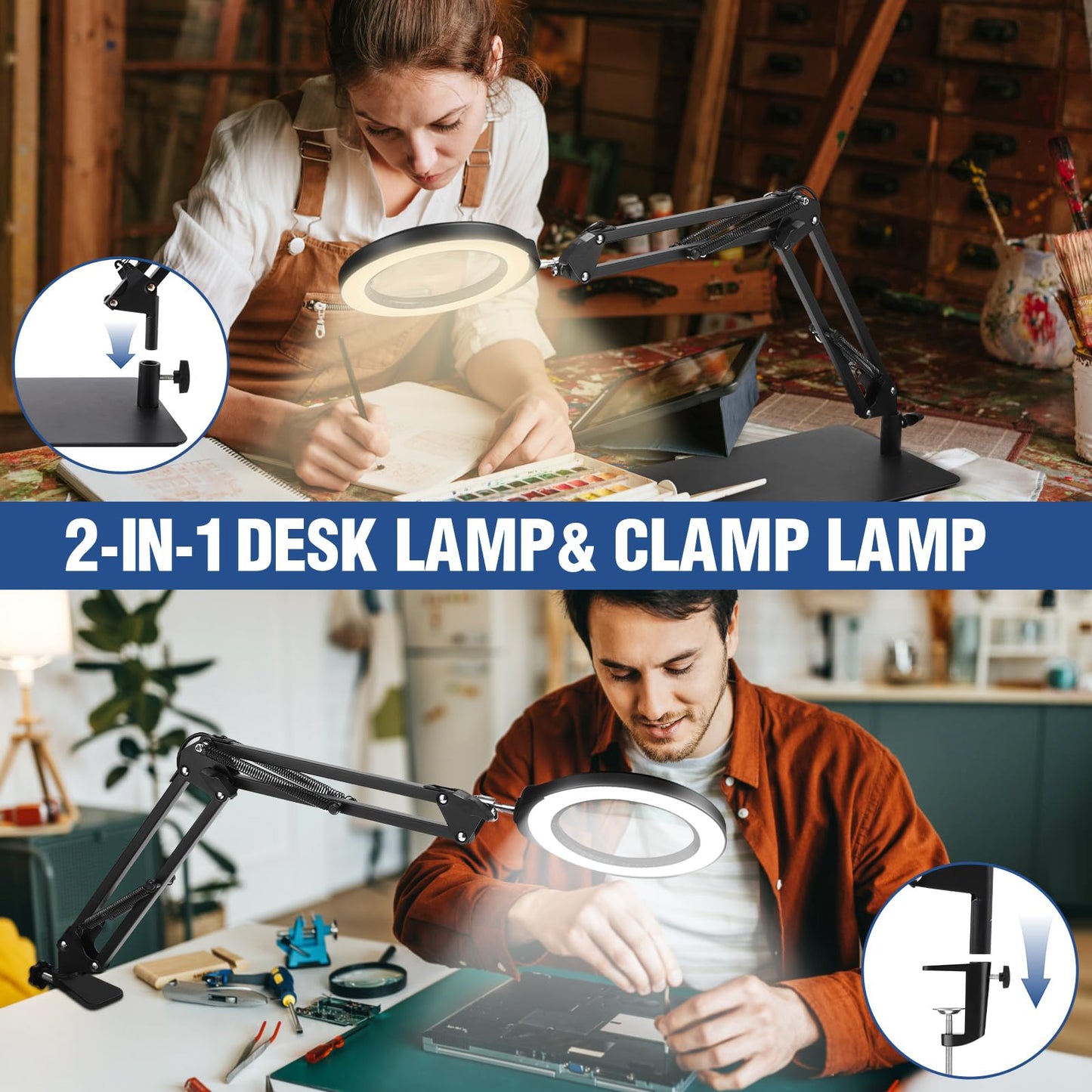 15X 5 Inch Large Magnifying Glass with Light and Stand, 2-in-1 LED Lighted Magnifier, 5 Color Modes Stepless Dimmable, Hands Free Magnifying Desk Lamp with Clamp for Craft Hobby Repair Close Works