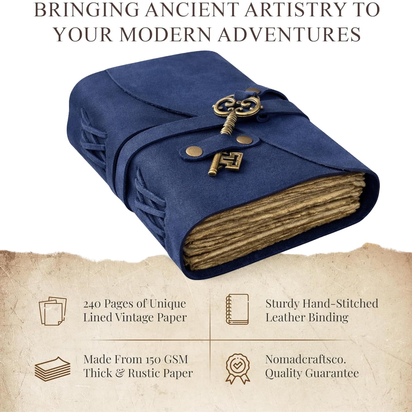 NomadCraftsCo. Vintage Leather Journal for Men & Women With Lined Pages and Key– 9 in x 6 in Leather Bound Writing Notebook for Journaling, Notes & Sketching