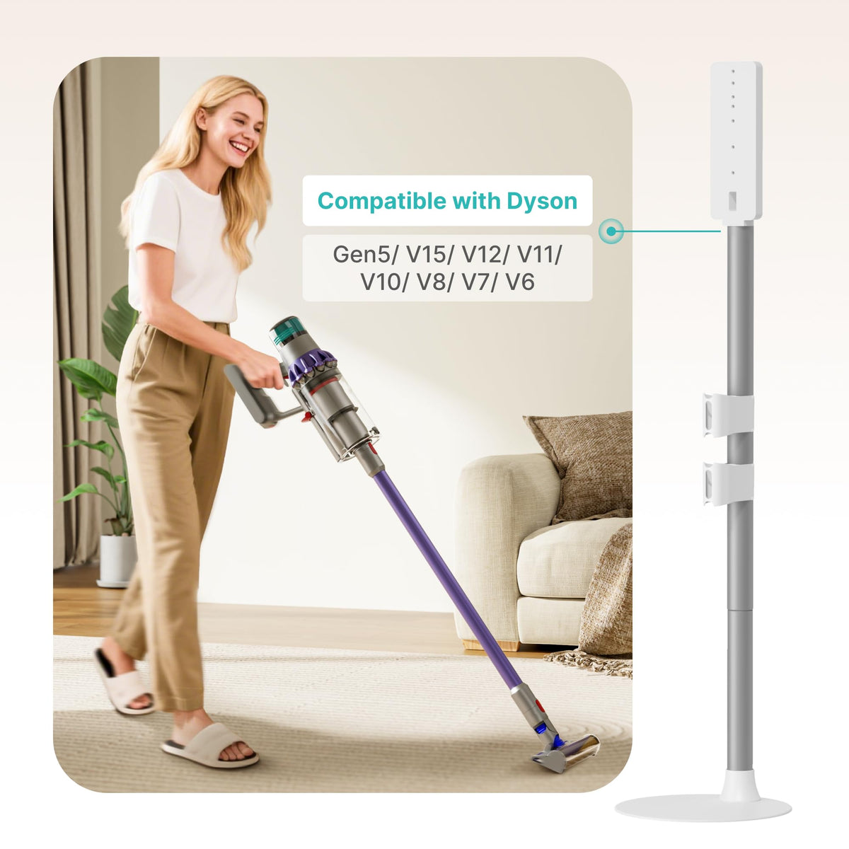 PEGZONE Vacuum Cleaner Stand, Compatible with Dyson Gen5 V15 V12 V11 V10 V8 V7 V6, Vacuum Holder with 2 Removable Accessory Clips, Cordless Vacuum Attachment Organizer with Built-in Cable Slot, White