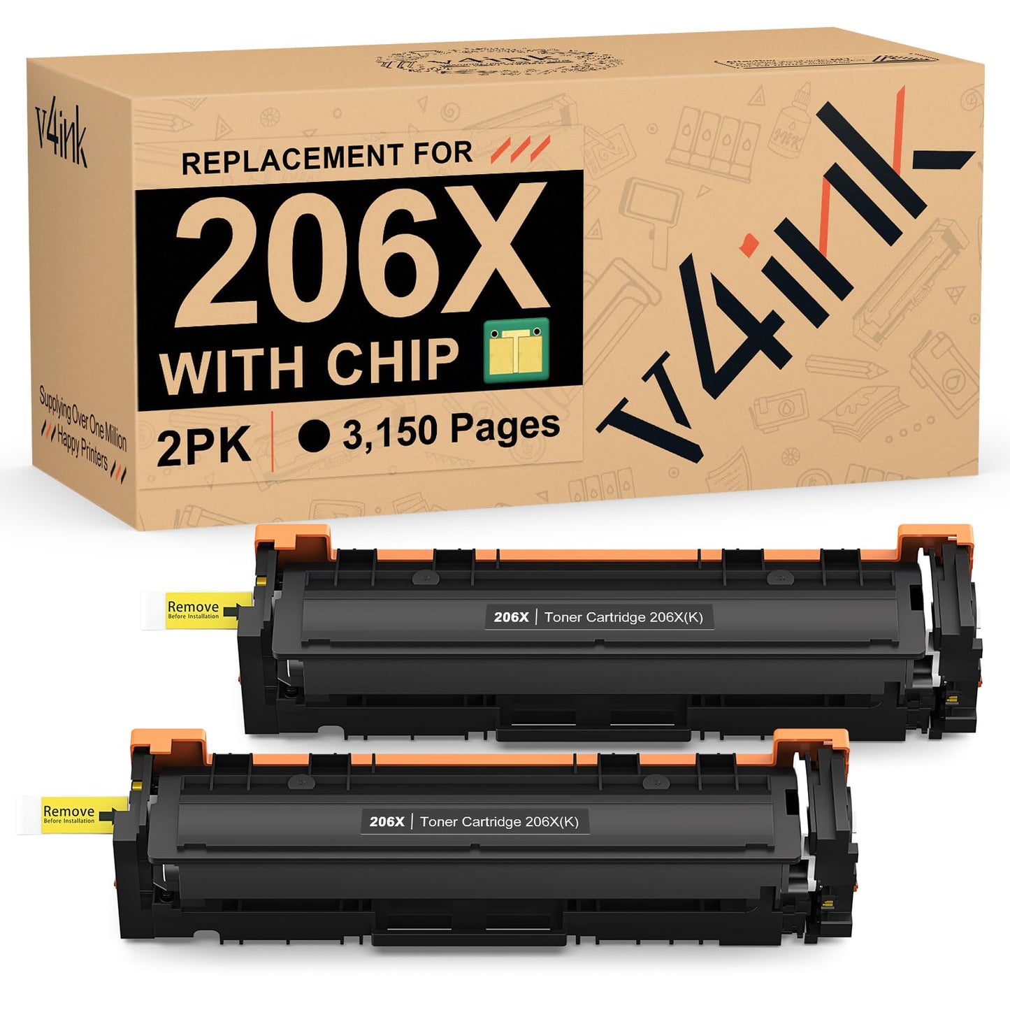 【Latest Upgraded Chip】 v4ink 206X Compatible Toner Cartridge Replacement for HP 206X 206A W2110X W2111X W2113X W2112X for use in HP Color Pro M255 M255dw MFP M282 M282nw M283 M283fdw(2 Black)