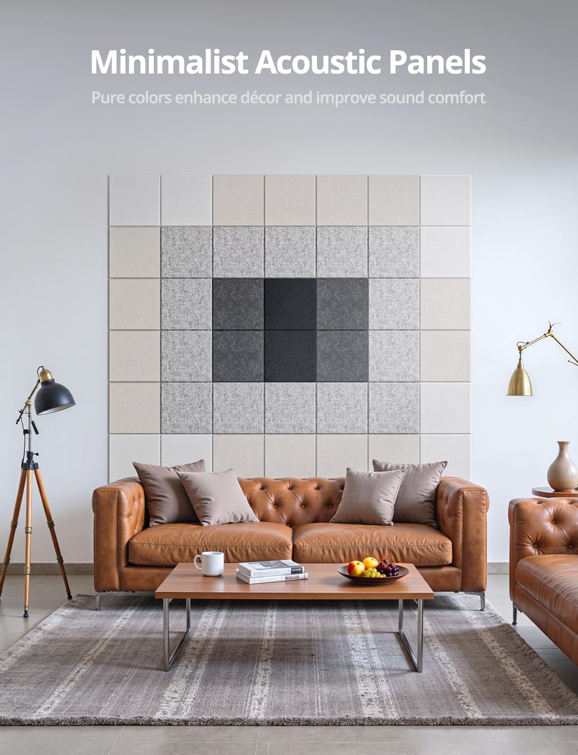 Square Acoustic Wall Panels, Sound Absorbing Panel for Walls, Ceiling, Doors, Self Adhesive Beige Decorative Acoustic Tiles for Recording Studio, Gaming Room, Office, Home, 12 Pack 12"x12"x0.4"
