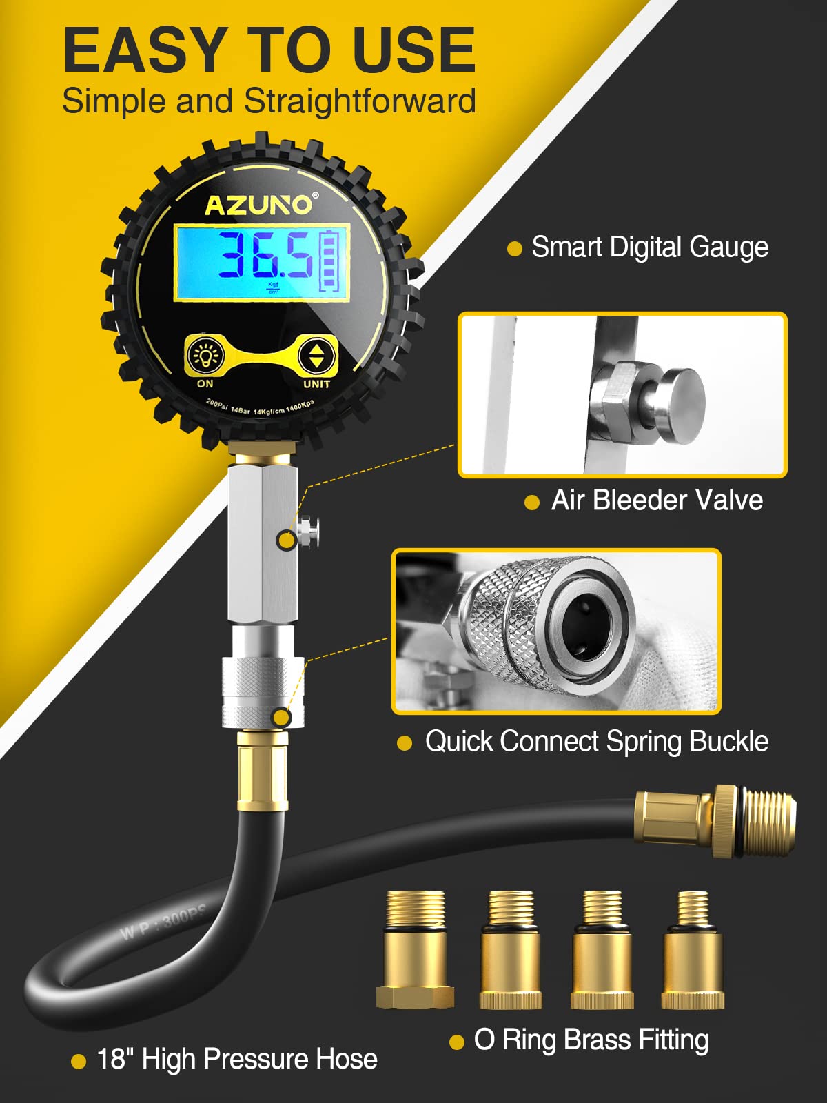 AZUNO Digital Compression Gauge 200 PSI for Petrol Engine Cylinder Compression Tester Kit with Adapter & Hose