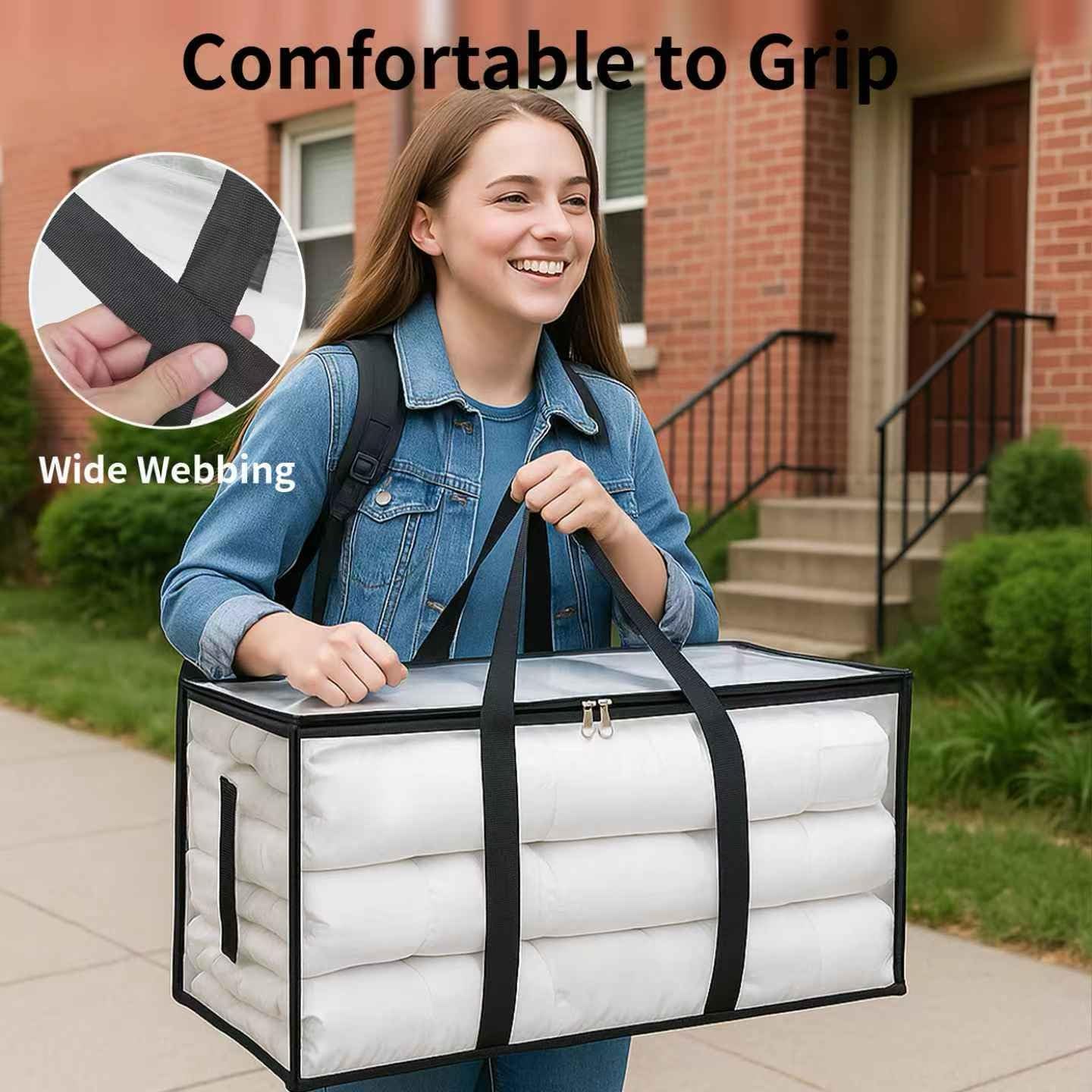 6 Pack-Extra Large Heavy Duty Moving Bags - Waterproof Storage Totes with Handles & Zippers, Foldable for College Dorm, Storage (Clear)