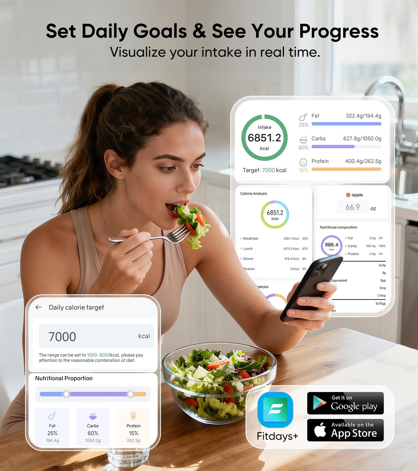 KUAIVO Smart Food Scale with TFT Display, Tracks Calories, Fat, Carbs & Protein, Works with App for Daily Nutrition Tracking, 50 Built-in Foods, 23 Nutrients, Digital Kitchen Scale for Meal Prep