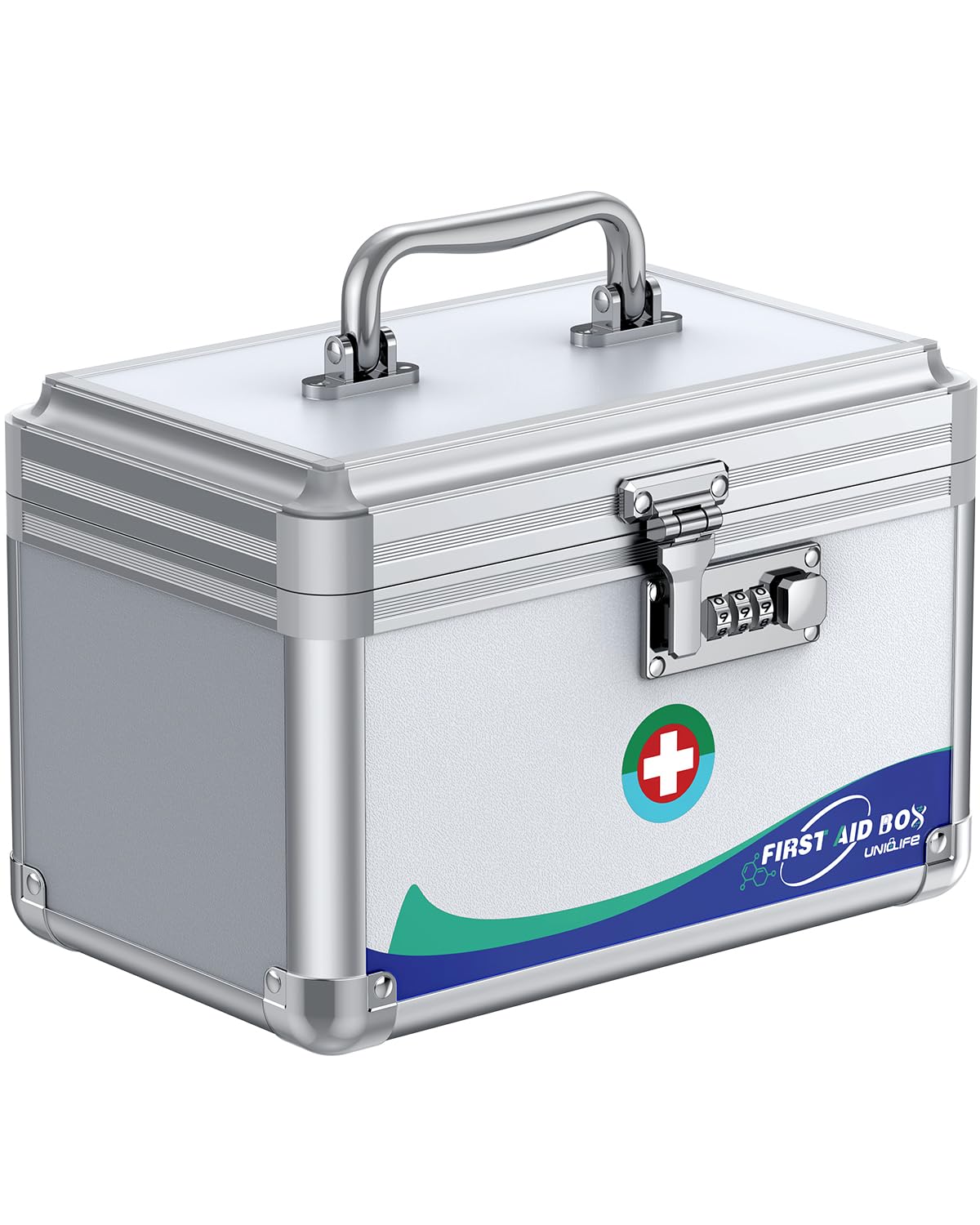 Uniclife Medicine Box Emergency Box with Combination Lock and Handle Metal Lockable Medicine Storage Box, 10" x 6" x 6.5"