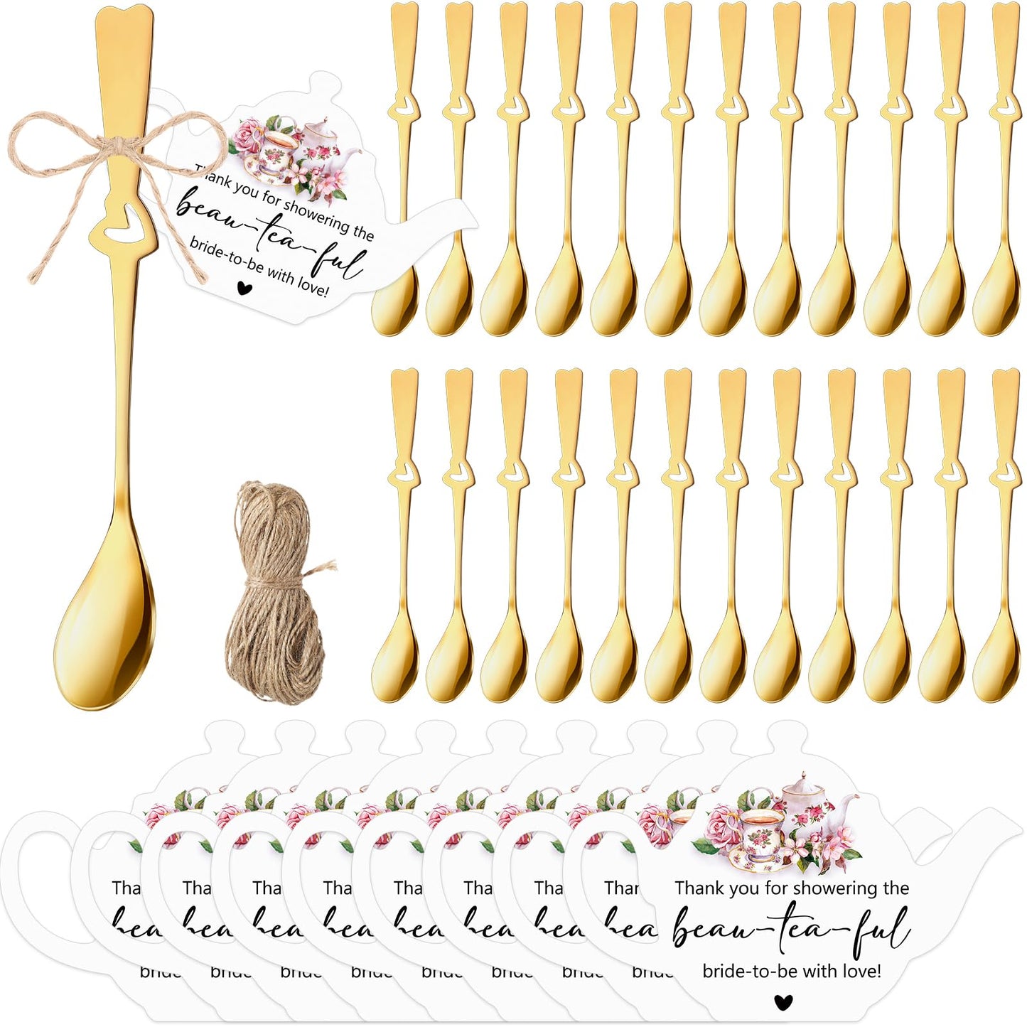 Skybooly 50 Sets Bridal Shower Tea Party Favors for Guests Mini Coffee Spoons Small Spoons Heart Spoon with Teapot Idea Thank You Cards and Hemp Rope Wedding Souvenirs Tea Party Supplies