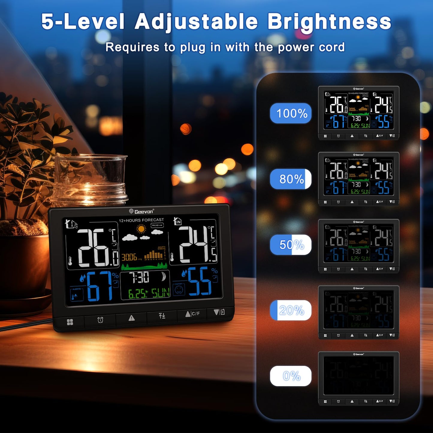 Geevon Weather Stations Wireless Indoor Outdoor Thermometer, Color VA Display Digital Temperature Humidity Monitor with Barometer, Time, Calendar, and Adjustable Backlight
