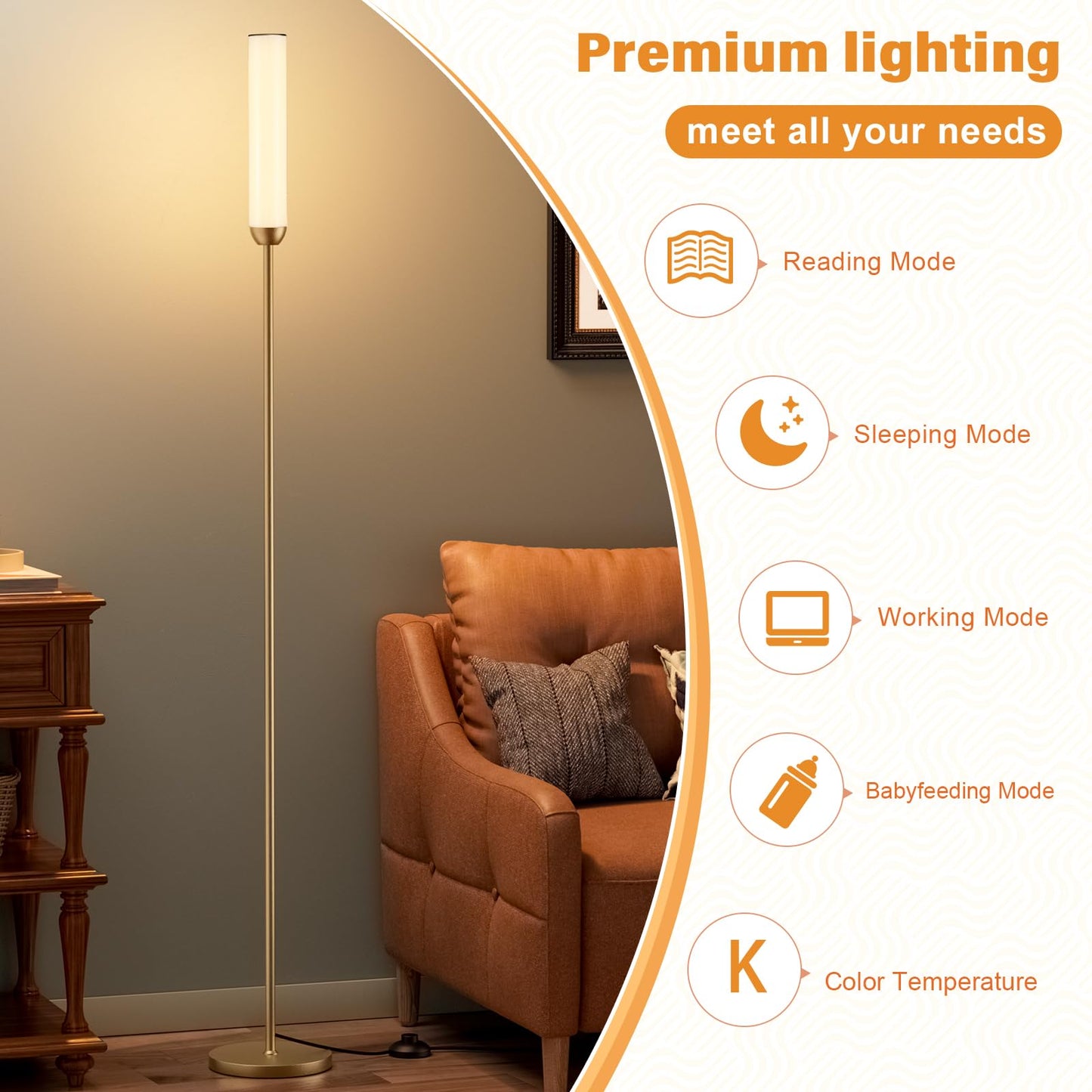 Ambimall 65'' Remote-Controlled LED Floor Lamp, 3000K-6500K Stepless Colors Temperature Adjustable, 5%-100% Dimmable Brightness, Foot Switch, Bright Floor Lamps for Living Room（Gold）