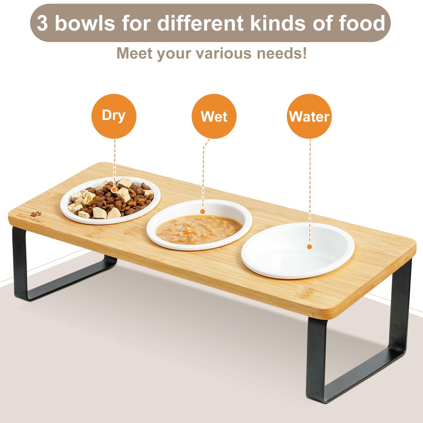 Sunhoo Elevated Cat Food Bowl Raised Kitty Dish Ceramic Tilted Pet Bowls Set of 3 Indoor Cats Dishes Dia 4.7in/12cm Anti Vomiting with Natural Bamboo Stand Gamelle Pour Chat