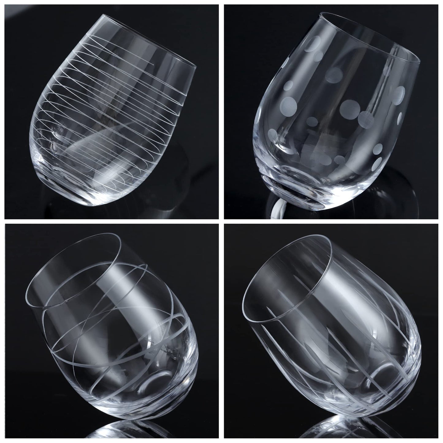 Joeyan 17.5 oz Handmade Etched Stemless Wine Glasses Set of 4, Carved Stripes Dots Crystal Wine Glasses, Large Glass Wine Tumblers for Wine Tasting, Wedding, Anniversary, Party