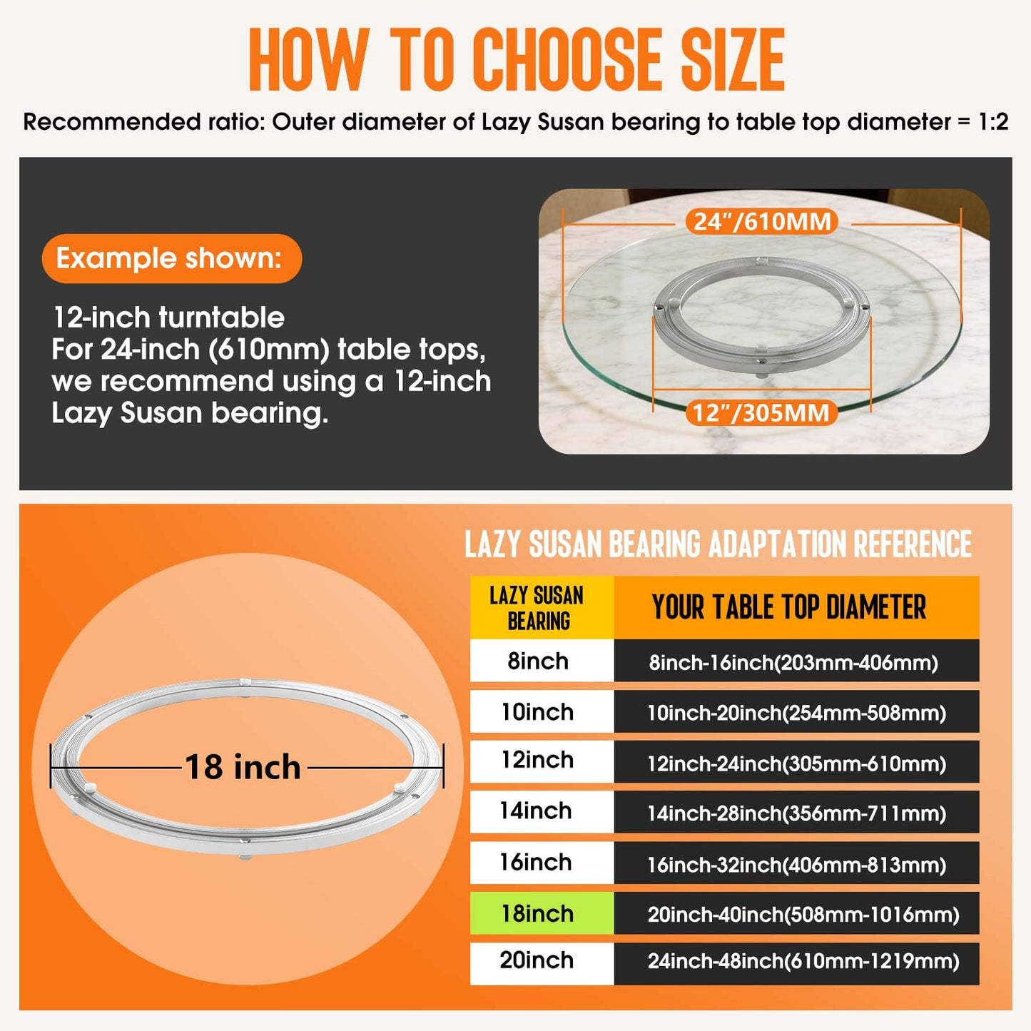 Heavy Duty Lazy Susan Turntable Bearing 18 Inch, 500lbs Capacity Rotating Swivel Plate for Round Table, Heavy Duty Swivel Base for Dining Room Kitchen