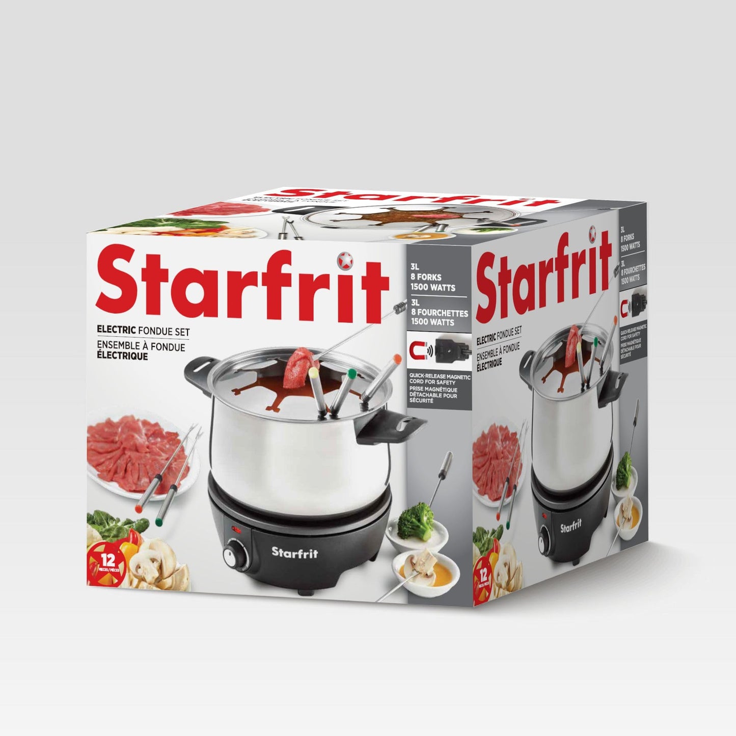 Starfrit Electric Fondue Set, 12-piece, 3L Capacity, Quick Release Magnetic Cord, Stainless Steel Pot, 8 Forks Included, Cool-Touch Handles, 1500W, Ideal for Chinese, Cheese & Chocolate Fondue