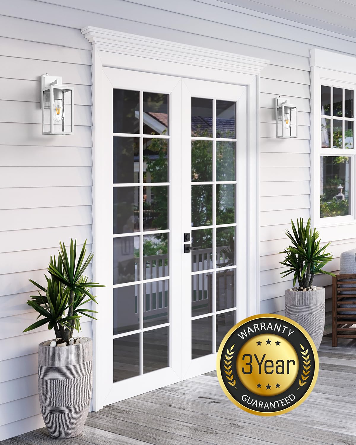 VIANIS Outside Lights for House Wall Mount, White Dusk to Dawn Outdoor Lighting Fixtures, Waterproof Anti-Rust Aluminum Porch Lights with Tempered Seed Glass, Modern Outdoor Wall Lantern for Garage