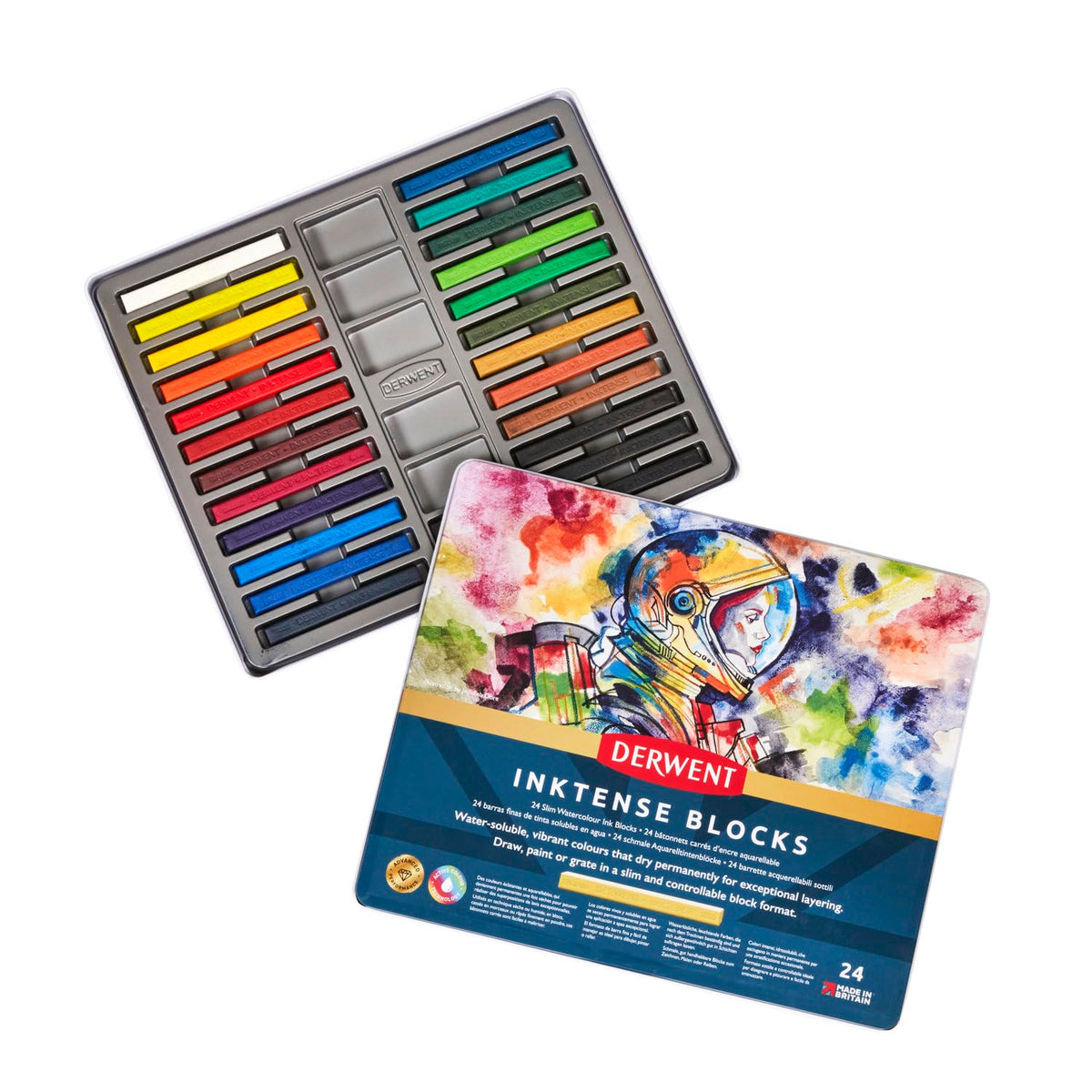 Derwent Inktense Blocks 24 Tin, Set of 24, 8mm Block, Soft Texture, Watersoluble, Ideal for Watercolour, Drawing, colouring, Crafts and Painting on Paper and Fabric, Professional Quality (2300443)