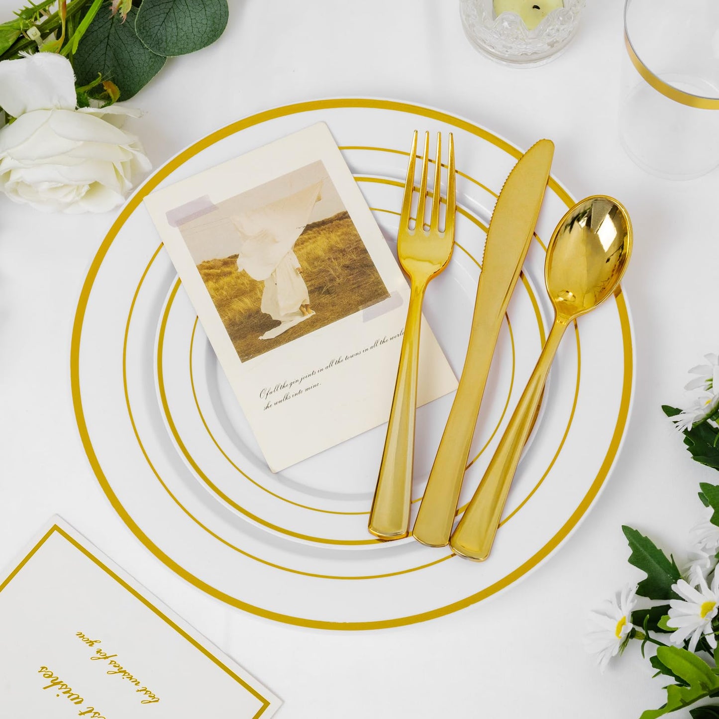 Supernal 102pcs White and Gold Plastic Plates Disaposable Party Plates White Gold Rim Heavy duty, Fancy Gold Plastic Dinnerware Set included 51 Dinner & Dessert Plates for Party,Birthday and Wedding