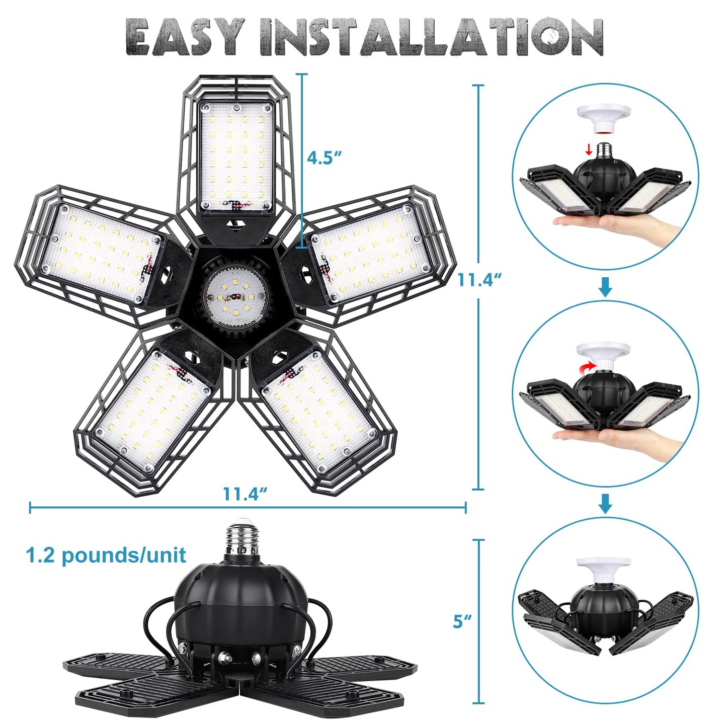 LED Garage Lights 2 Pack, Ceiling LED Shop Light 160W 16000LM 6500K Screw in Led Light with 5+1 Deformable Panels, Bright Led Lighting for Garage Workshop Basement Support E26/E27 Socket