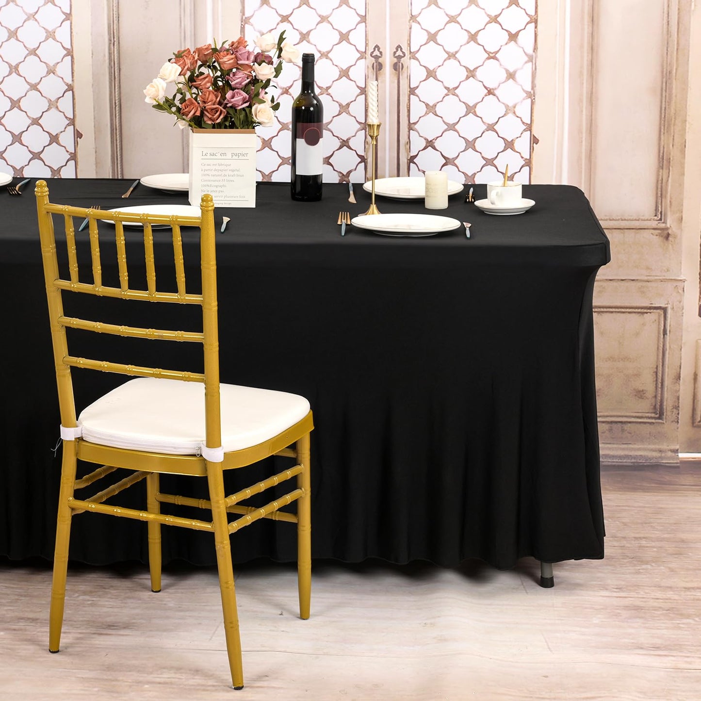 4 Pack 6Ft Black Spandex Table Skirts, Stretch Tablecloth with Skirt Easy to Install One-Piece Wrinkle Resistant Fitted Stretchable Table Skirt for Wedding Party Banquet Trade Show