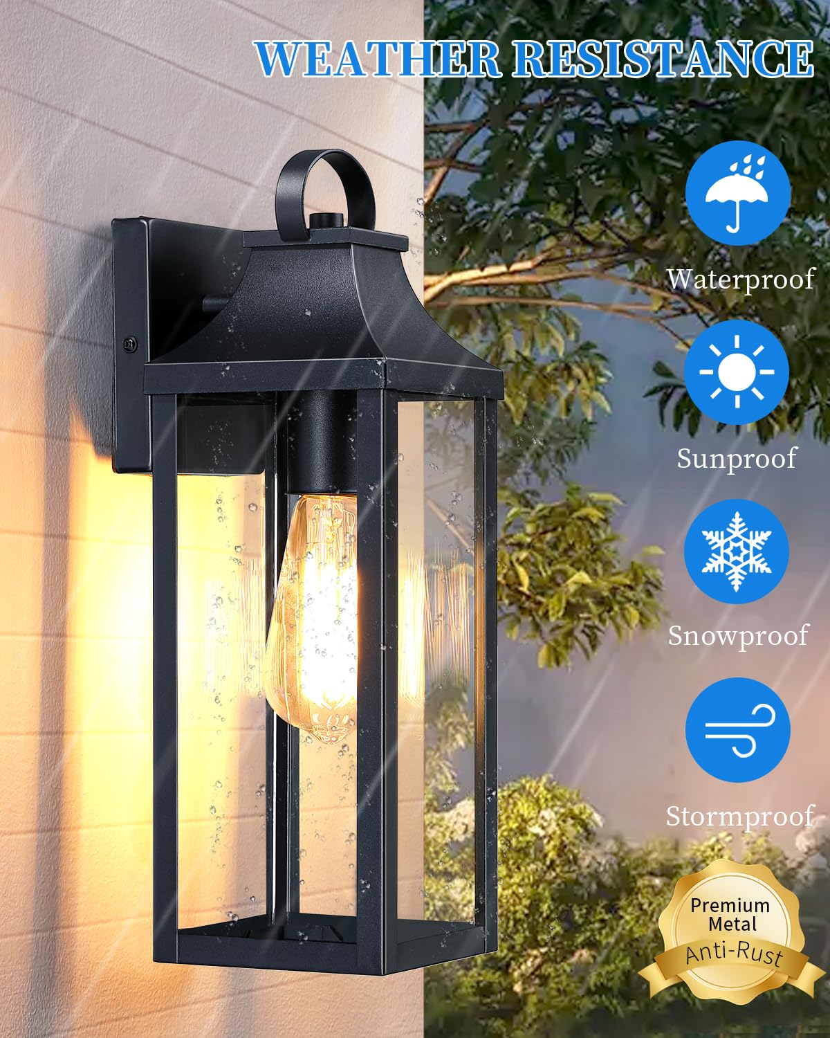 15.2'' Outdoor Light Fixtures Wall Mount 2 Pack, Black Exterior Wall Sconces Large Outside Lights for House, Waterproof Wall Lantern Black Wall Lamp Anti-Rust with Glass for Patio, Porch, Garage