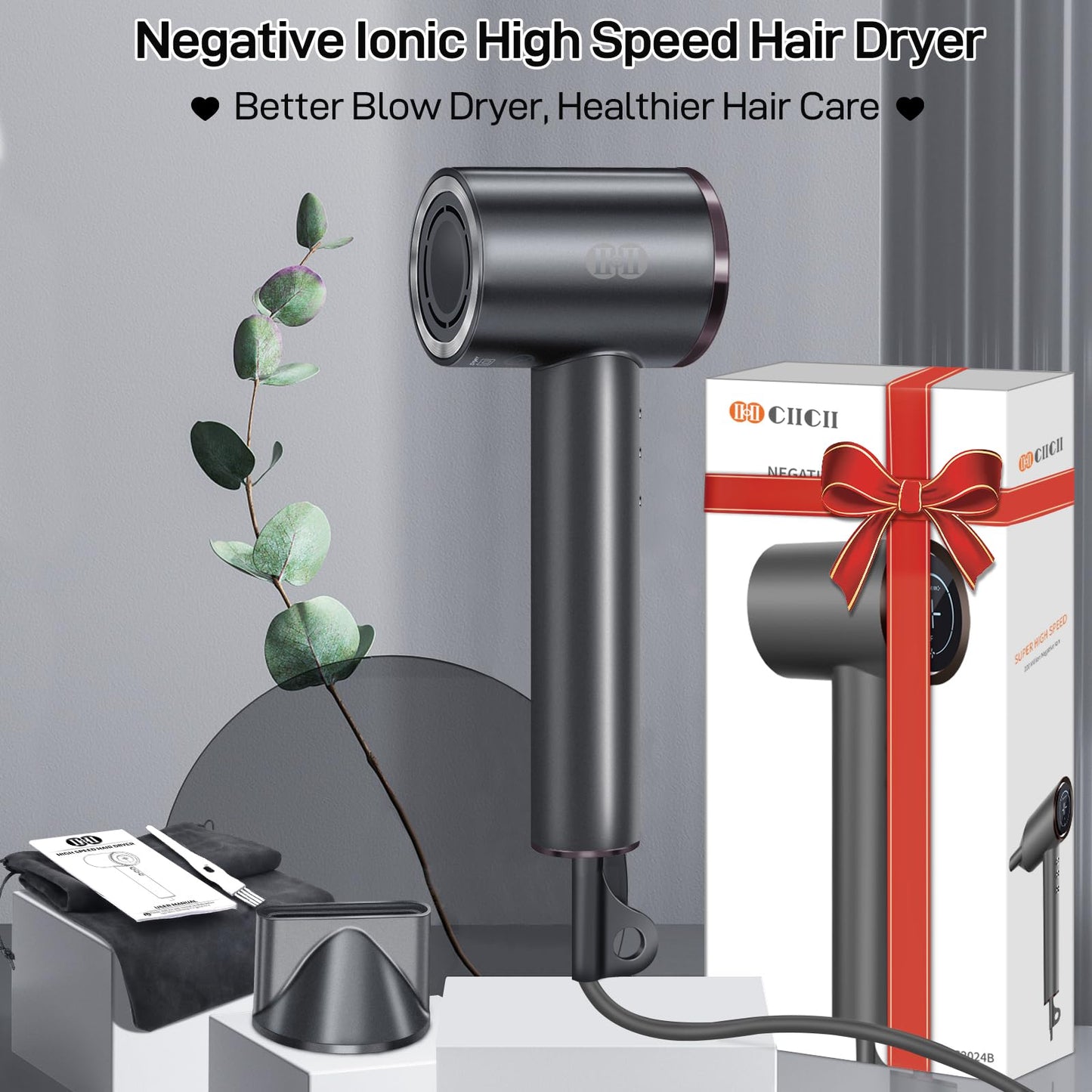 CIICII Negative Ionic Hair Dryer Professional, 120000RPM High Speed Blow Dryer (1600W Brushless/ 3-Speed/ 4-Temp & HD Display & Portable Bag) Fast Drying Hairdryer for Home, Travel & Salon (Black)