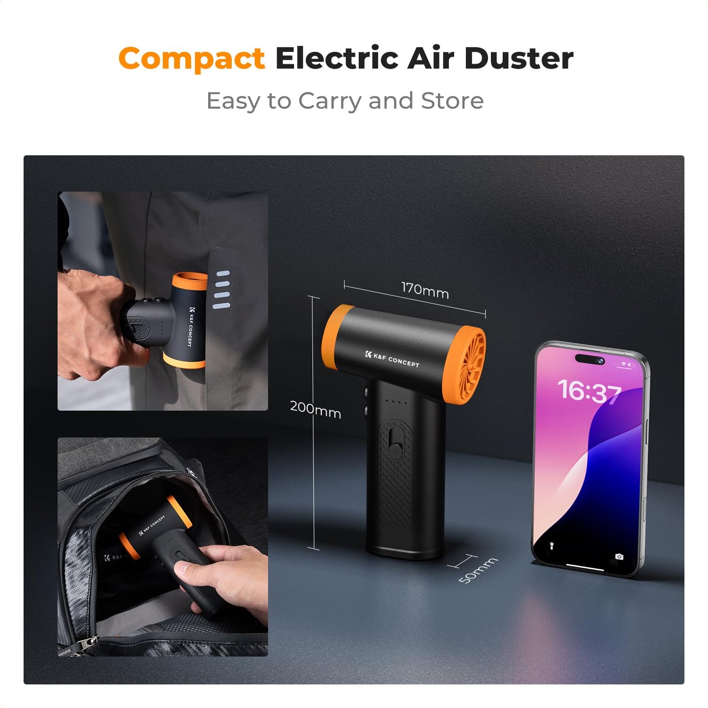 K&F CONCEPT Compressed Air Duster with LED Lights, Powerful Wind Air Blower Electric | Brushless Motor | 5 nozzles 3 Brushes| for PC Computers Keyboard Home Car Pet Hair Cleaning, Inflation, Drying