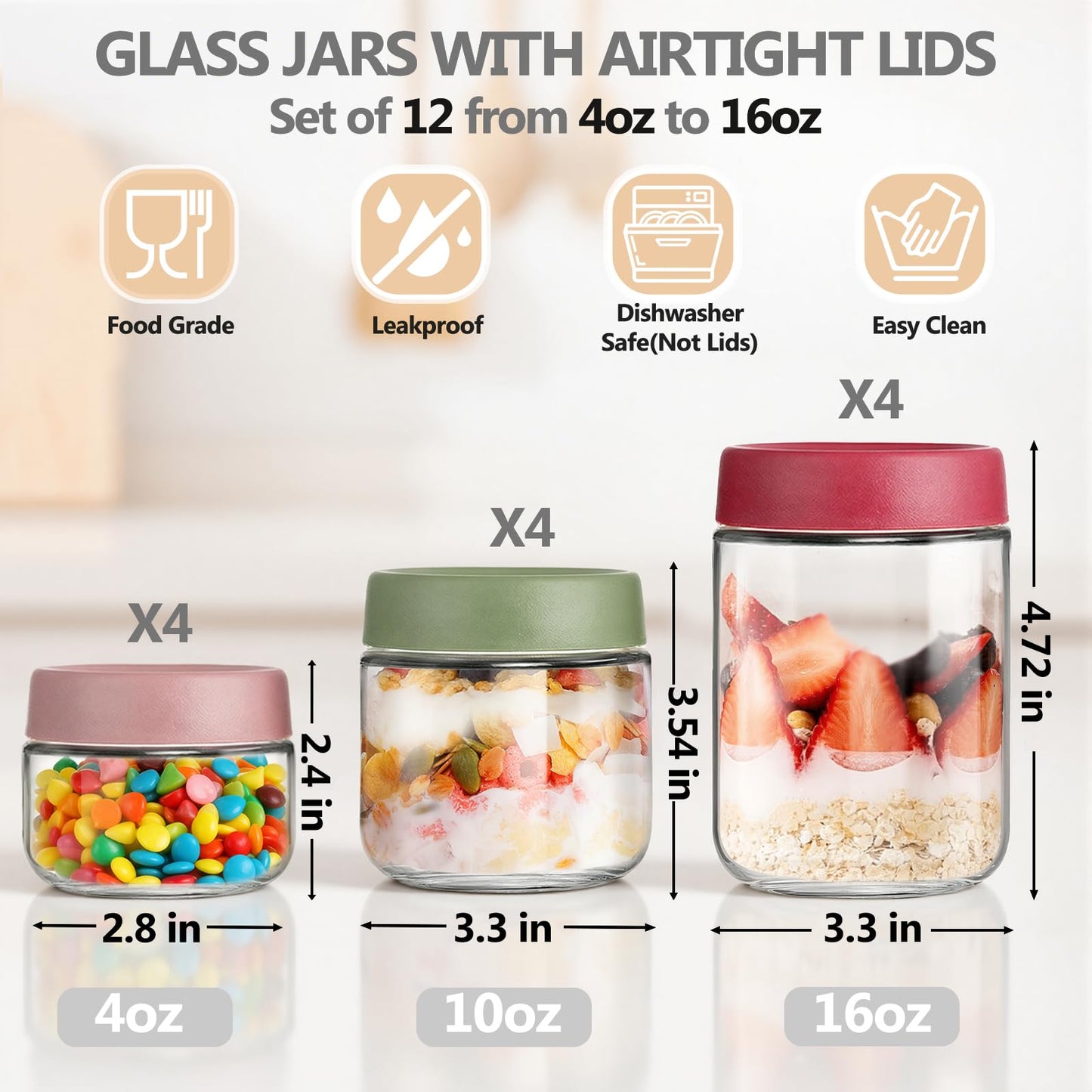 TBWIND 12 Pack 4oz 10oz 16oz Glass Jars with Lids, Wide Mouth Mason Jars, Overnight Oats Containers with Airtight Lids, Salad, Yogurt Storage, Chia Pudding, Snacks, Meal Prep, Sugar - Reusable