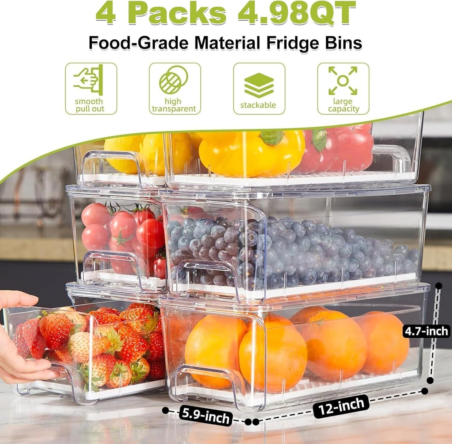 Brippo 4-Pack Refrigerator Drawer Organizer Bins, Clear Stackable Pull Out Fridge Organizers and Storage Container, Fridge Drawers with Strainer Layer for Fruits, Vegetables and Drinks