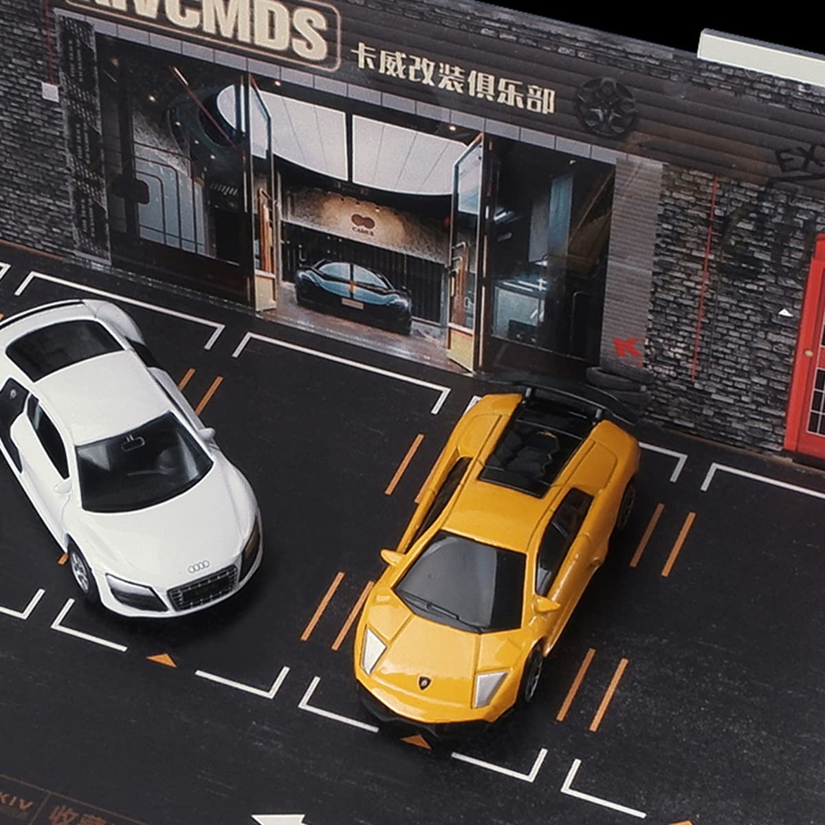 kivcmds 1:64 Scale 4-Tiers Vehicle Model Car Display Case for Sports Car Model Collectors, Display Stand for Alloy Car Model Toy with Parking Lot Scene (4-Tiers Auto Repair Store Scene)