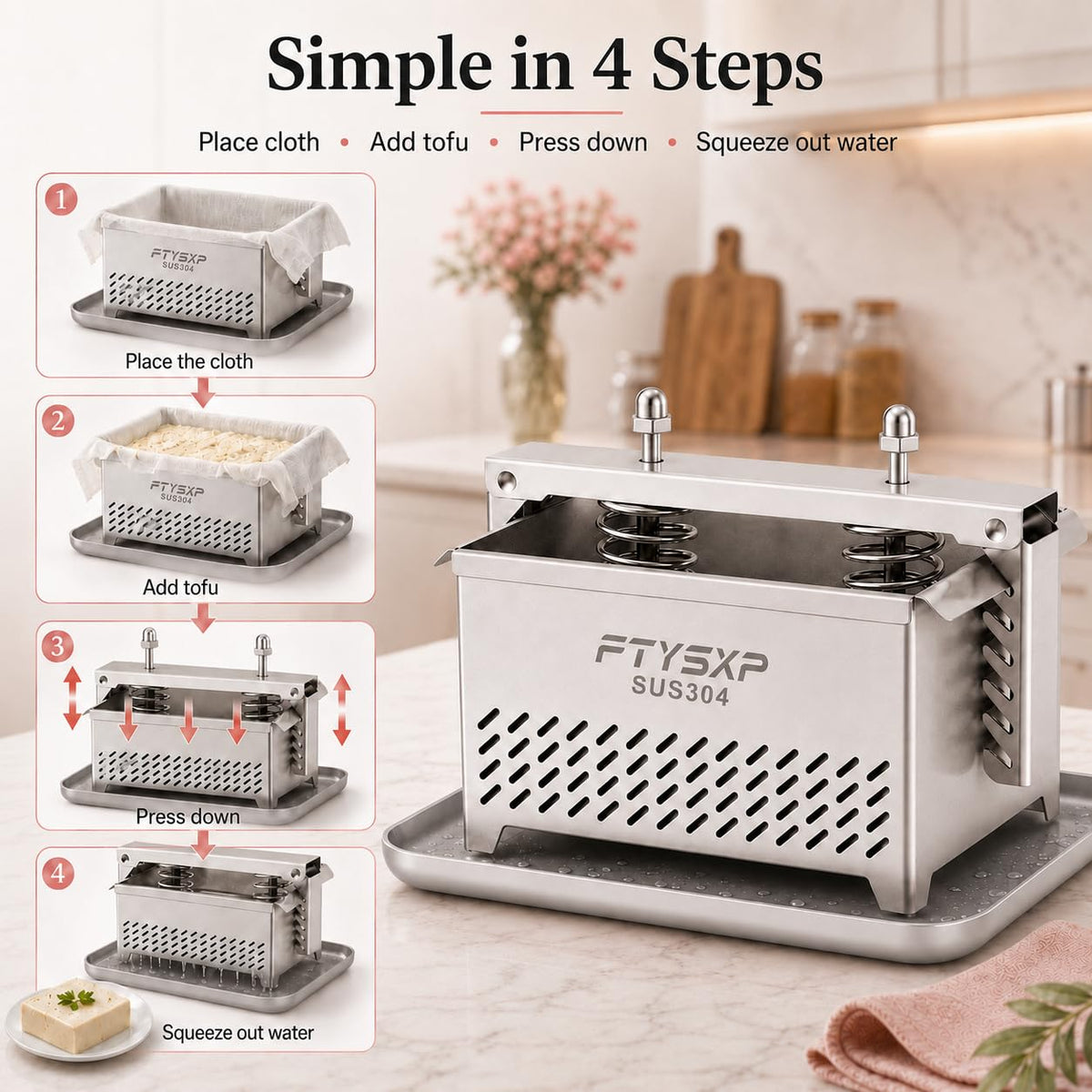 Tofu Press -304 Stainless Steel Cheese Press, Paneer Make and Vegetarian Tofu Press, Heavy Pressure Adjustable,BPA Free, Dishwasher Safe for tofu Maker and ham Press,Meat Pressing (L)
