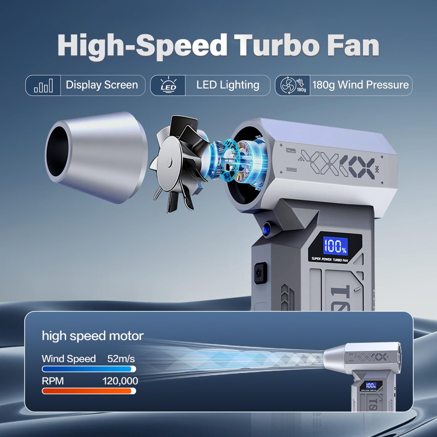 Ryebme Mini Silver-Grey Turbo Jet Blower Powerful Handheld Car Snow Blower Electric Dust Removal Compact Air Duster for Electronics and Vehicle Vents