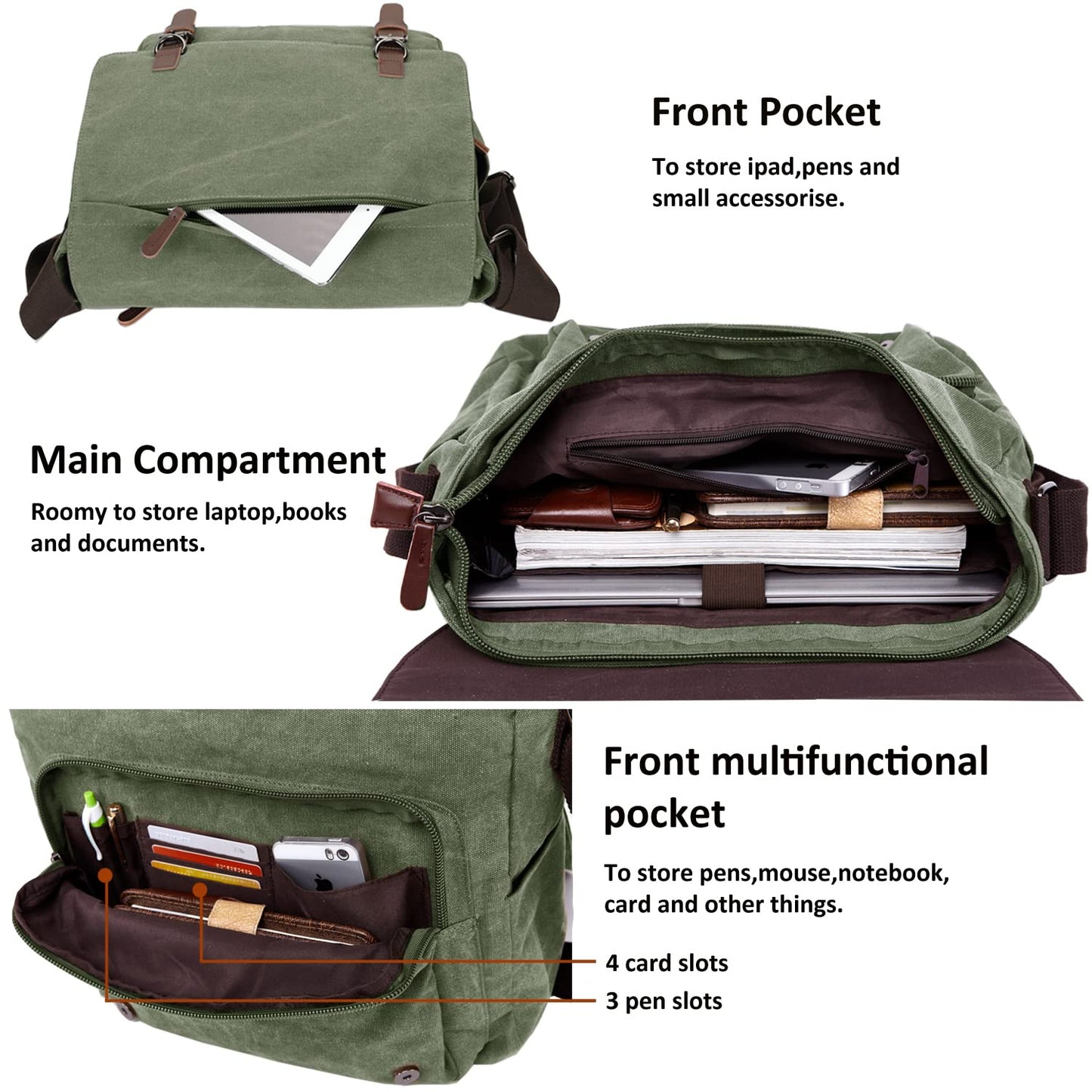 Vintage Messenger Bag 15.6 Inch Laptop for Men Women,Travel Crossbody Shoulder Purse Canvas Briefcase Work Office College (Green)