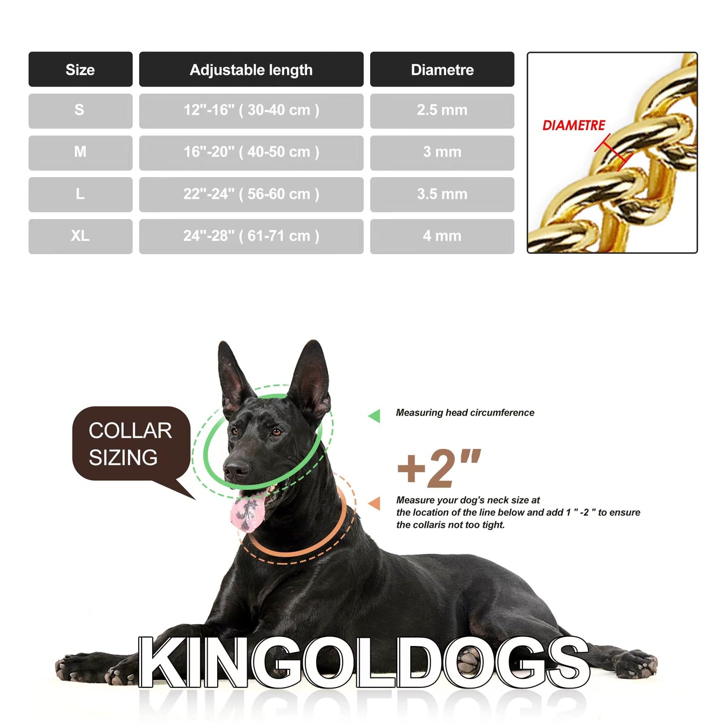 Stainless Steel 18K Gold Dog Chain Collar - Adjustable, Chew Proof, Double Row Cuban Link for Large, Small, Medium Dogs