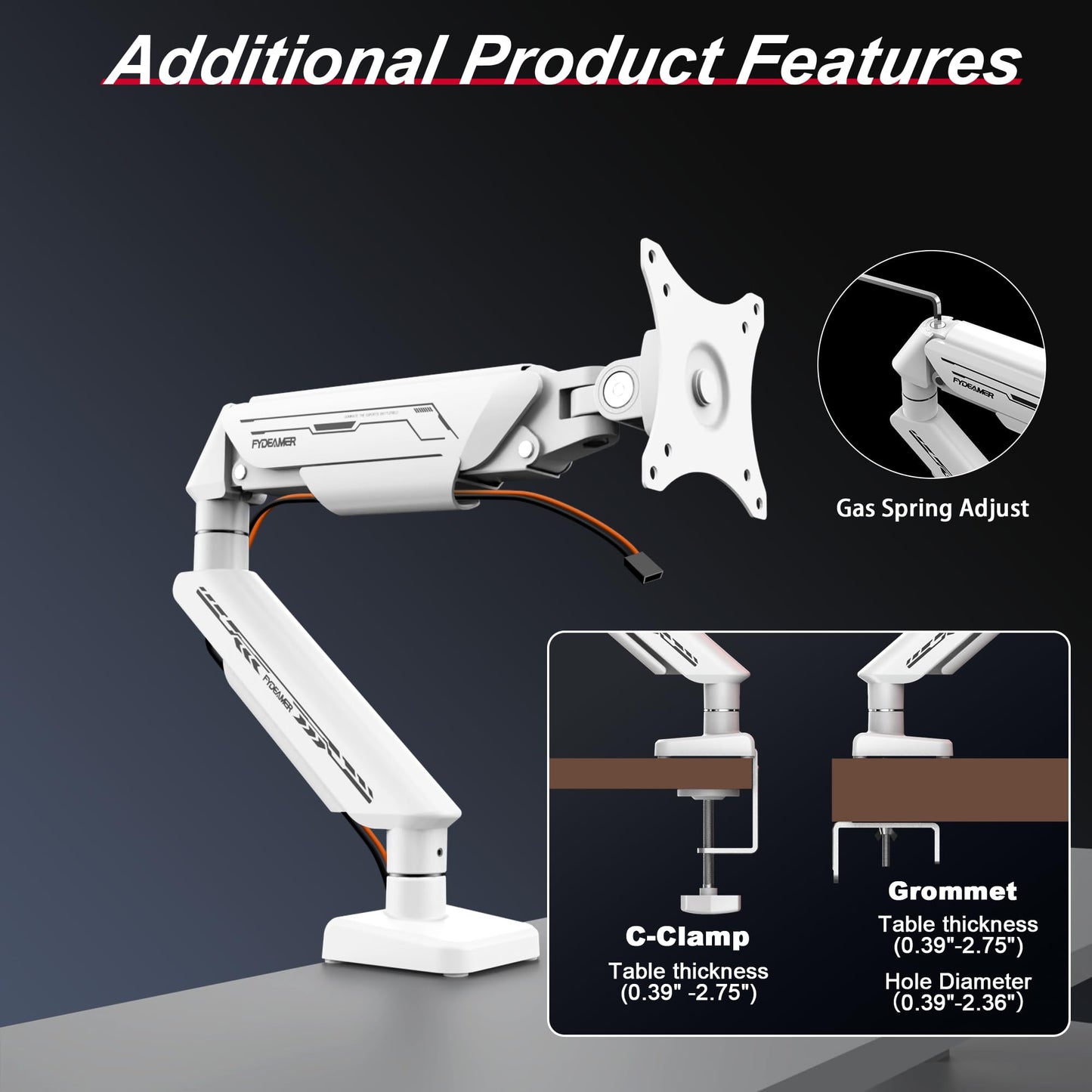 Fydeamer Monitor Arm, Gas Spring Monitor Stand for 17-35 Inch Screens up to 24.3 lbs, Adjustable Monitor Mount with C-Clamp & Grommet Base, Ergonomic Computer Monitor Mount (Single Arm White)