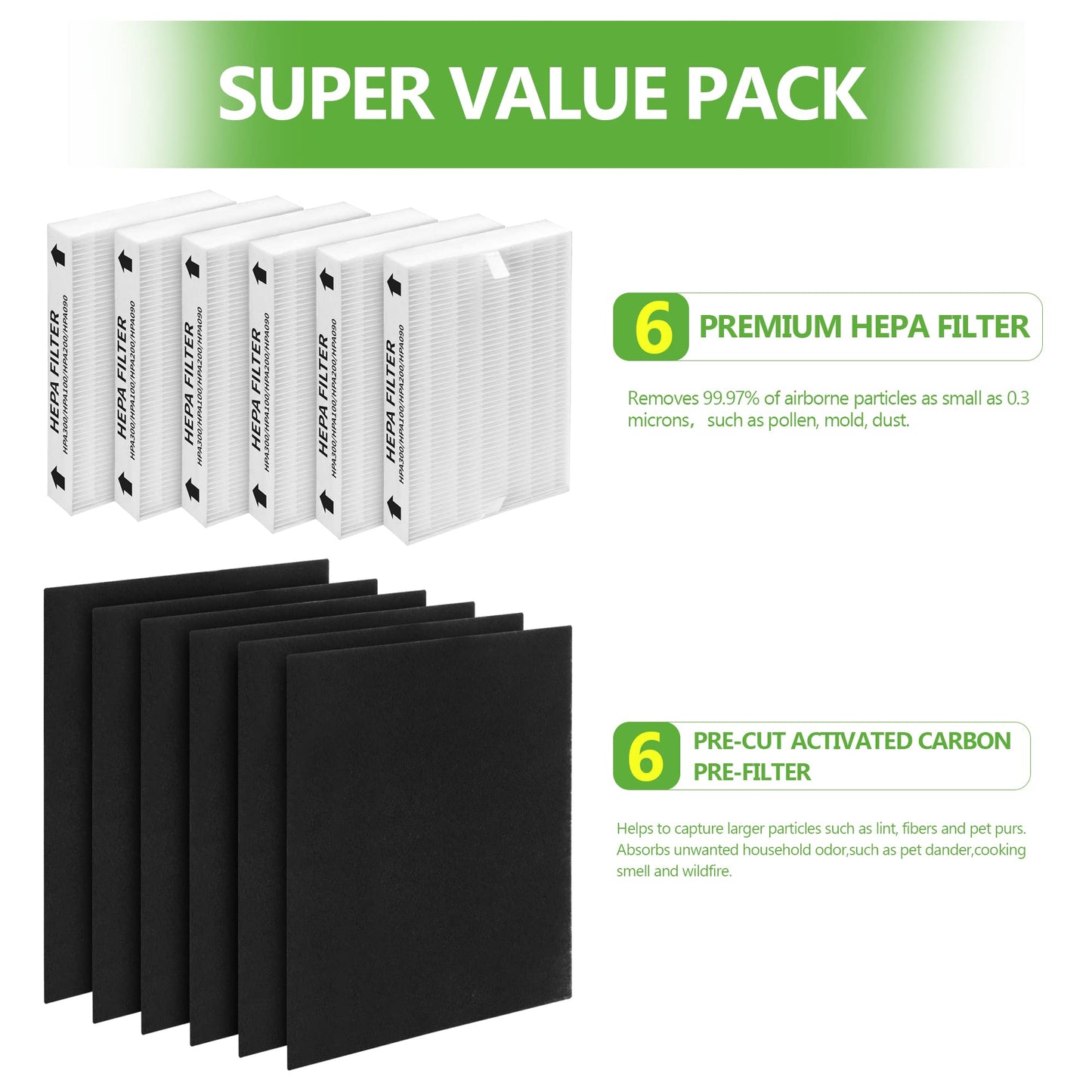 CPGSY HPA300 HEPA Filter Repalcement Set, Compatible with Purifier HPA300 HPA200 HPA100 HPA304 HPA5300 HPA8350 HPA300VP, 6 H13 HEPA R Filter + 6 Activated Carbon Pre-Cut A Pre-Filters, Value 6 Pack.