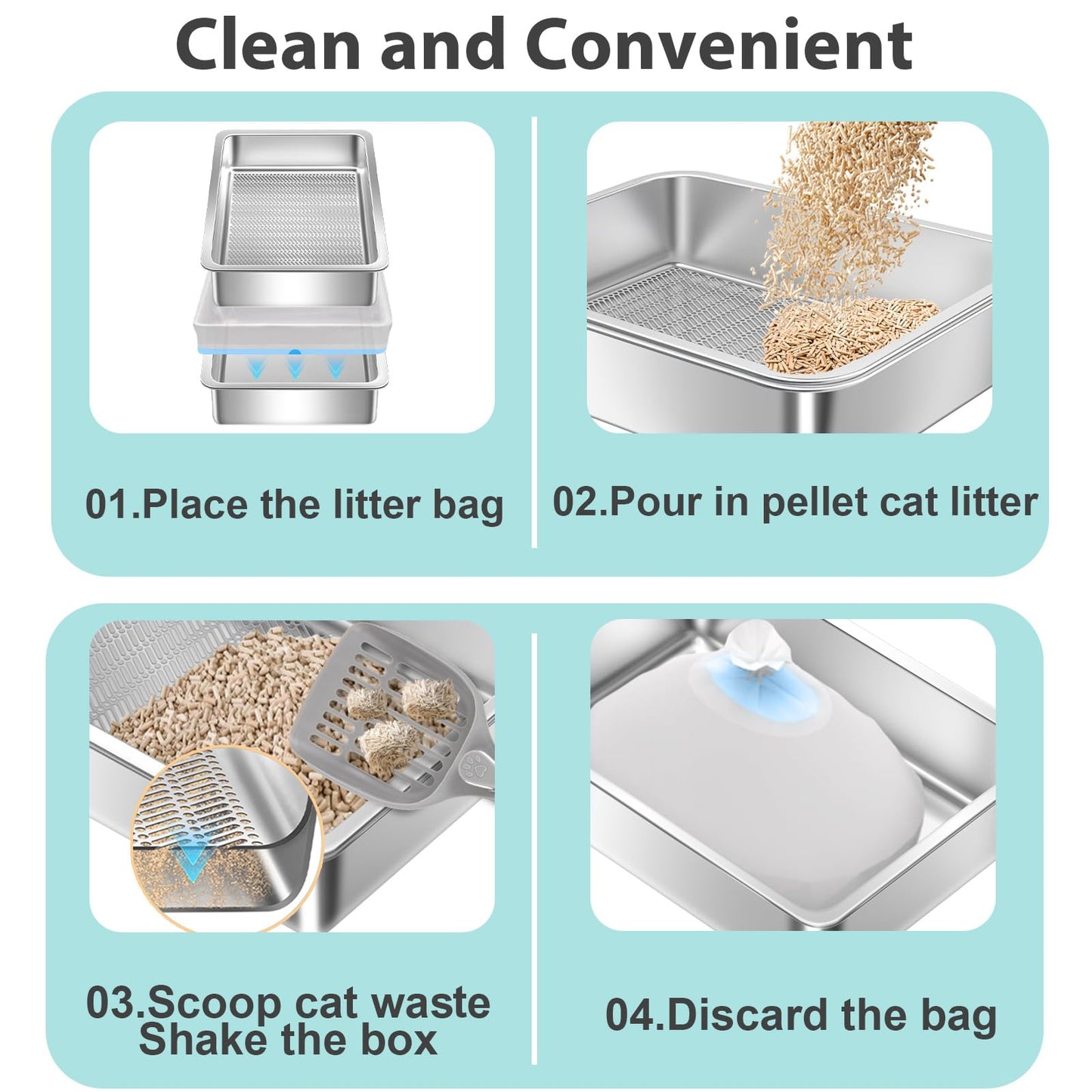 Amibud Stainless Steel Sifting Litter Box for Wood Pine Pellets,50cm Lx 35cm W x 15cm H Extra Large XL Metal Pellet Sifter Litter Pan System for Easy Cleaning Odor Control, Sifting Box Liners & Scoop