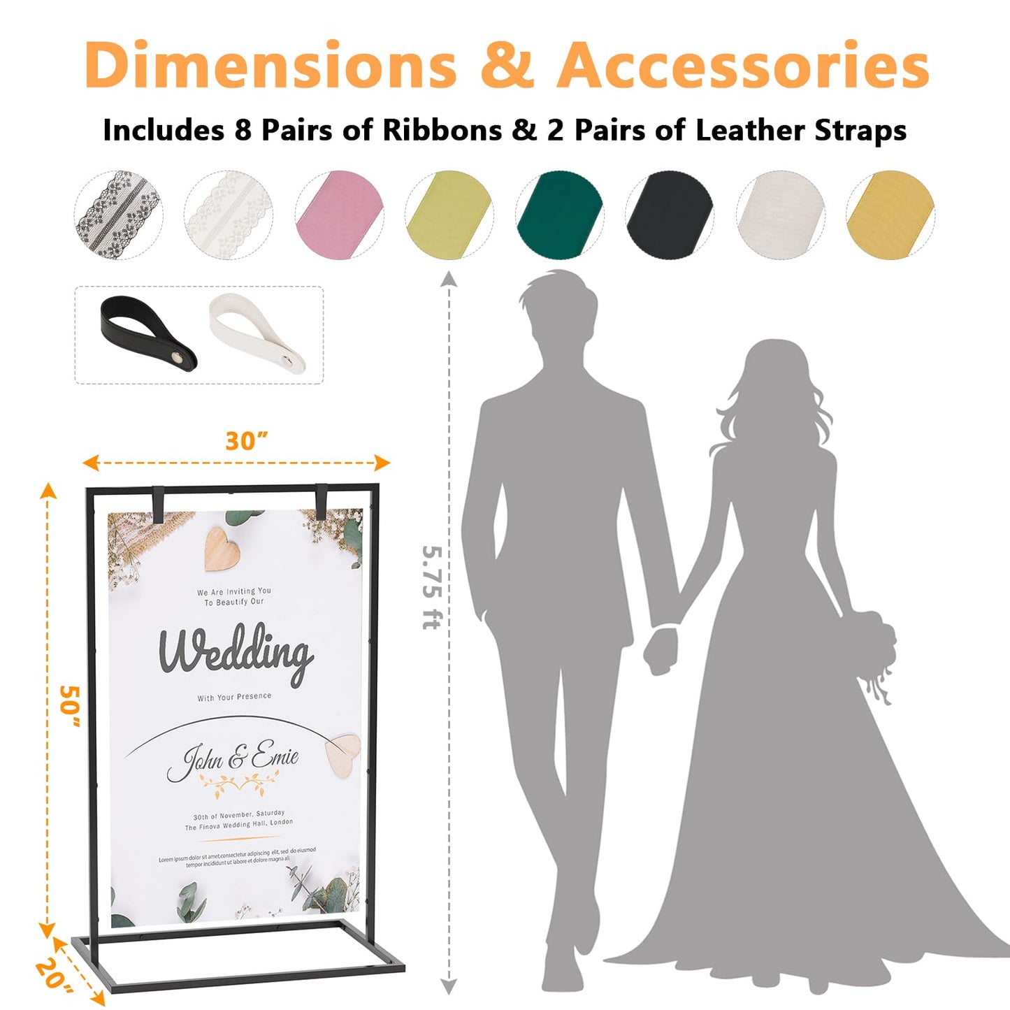 Cathyeen Wedding Welcome Sign Stand, 50”x30”x 20” Heavy Duty Easel Stand for Sign with 8 Pair Satin Ribbon & 2 Leather Strap, Welcome to Our Wedding Sign Holder, Metal Floor Standing Easels for Signs