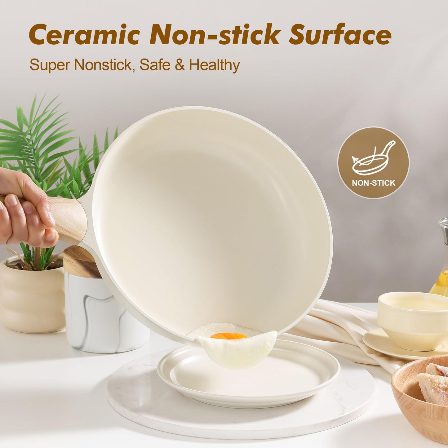 SENSARTE Ceramic Nonstick Frying Pan Skillet 9.5Inch Non Stick Omelette Pans, Non-Toxic Healthy Kitchen Cooking Chef's Pan, Free of Intentionally Added PFOA/PFAS/PTFE, Induction Compatible, White