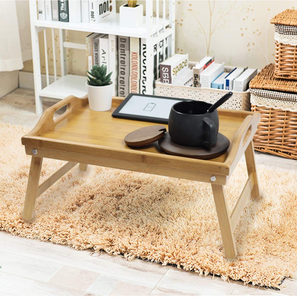 KKTONER Bamboo Bed Tray Table with Folding Legs Foldable Serving Portable Laptop Tray Snack Tray Breakfast Tray Bed Table Drawing Table