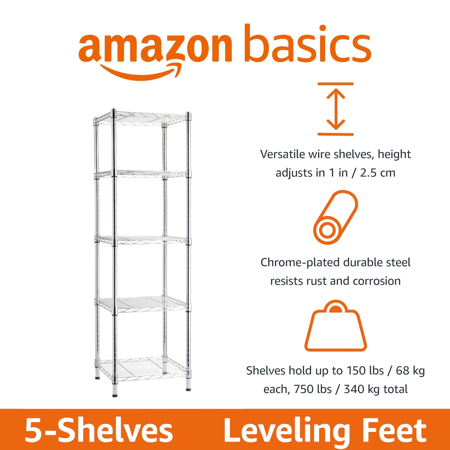 Amazon Basics 5-Shelf Tower Adjustable Storage Shelving Unit, Chrome, 40.64 cm D x 40.64 cm W x 137.16 cm H
