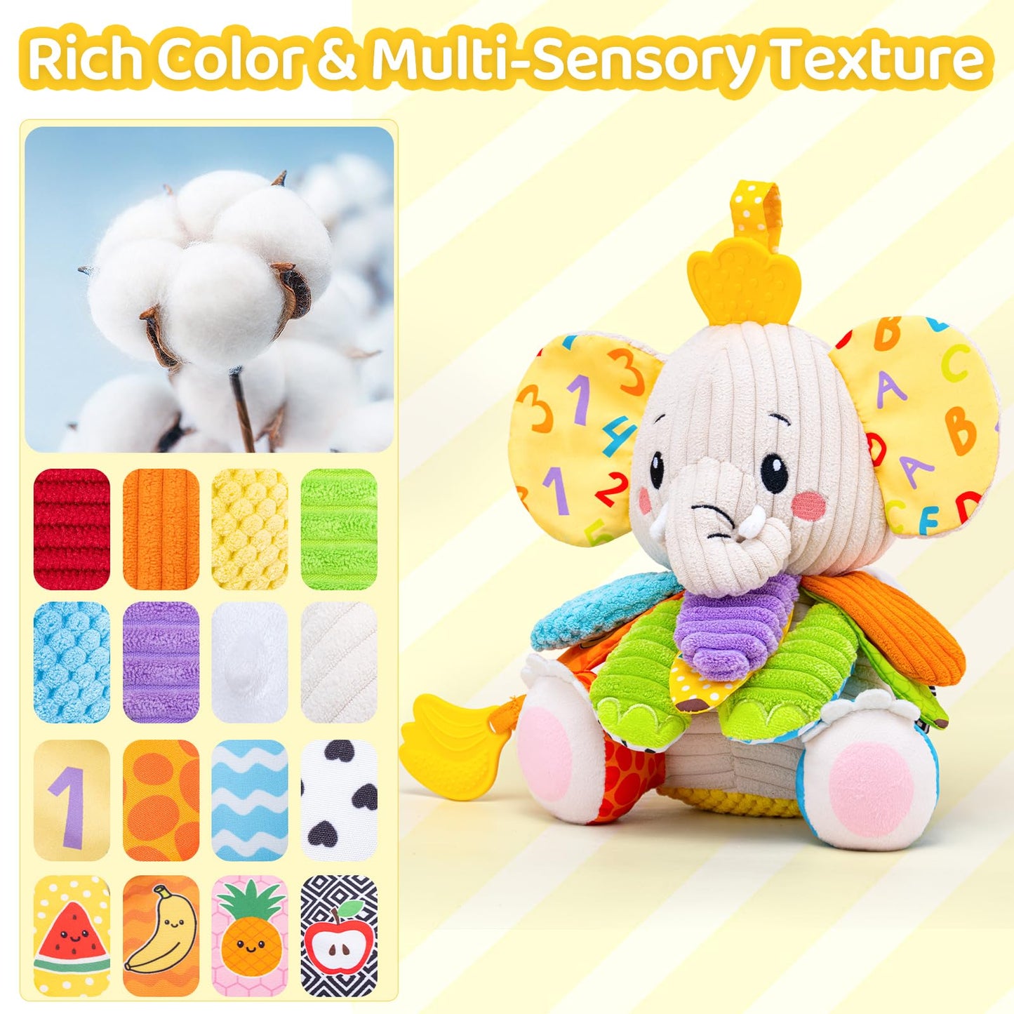 Baby Toys 3-6 Months, Musical Stuffed Elephant Toddler Toy for Newborn Infant 3 6 9 12 Months, Tummy Time Toys Montessori Sensory Toys 0-6 6-12 Months, Crinkle Paper, Mirror Soothing Music Shower Gift