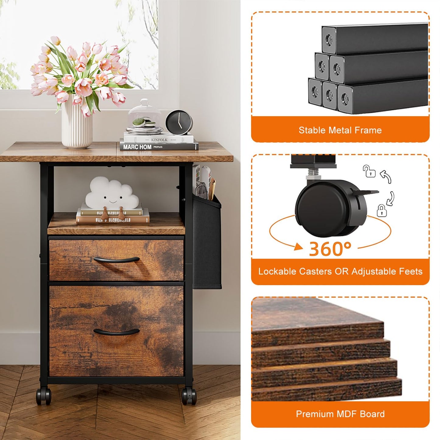 CAVSOIR File Cabinet with 2 Fabric Drawers, Mobile Filing Cabinet Printer Stand for Home Office, 3-Tier End Table Desk Night Stand Bedside Table for Bedroom (Rustic Brown)