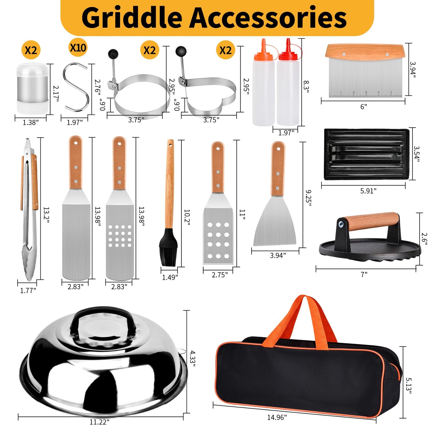 Onlyflame 29PCS Professional BBQ Griddle Tool Kit for Flat Top Grill Blackstone and Camp Chef - Stainless Steel Griddle Spatulas Accessories Kit with Basting Cover, Carry Bag and More Tools