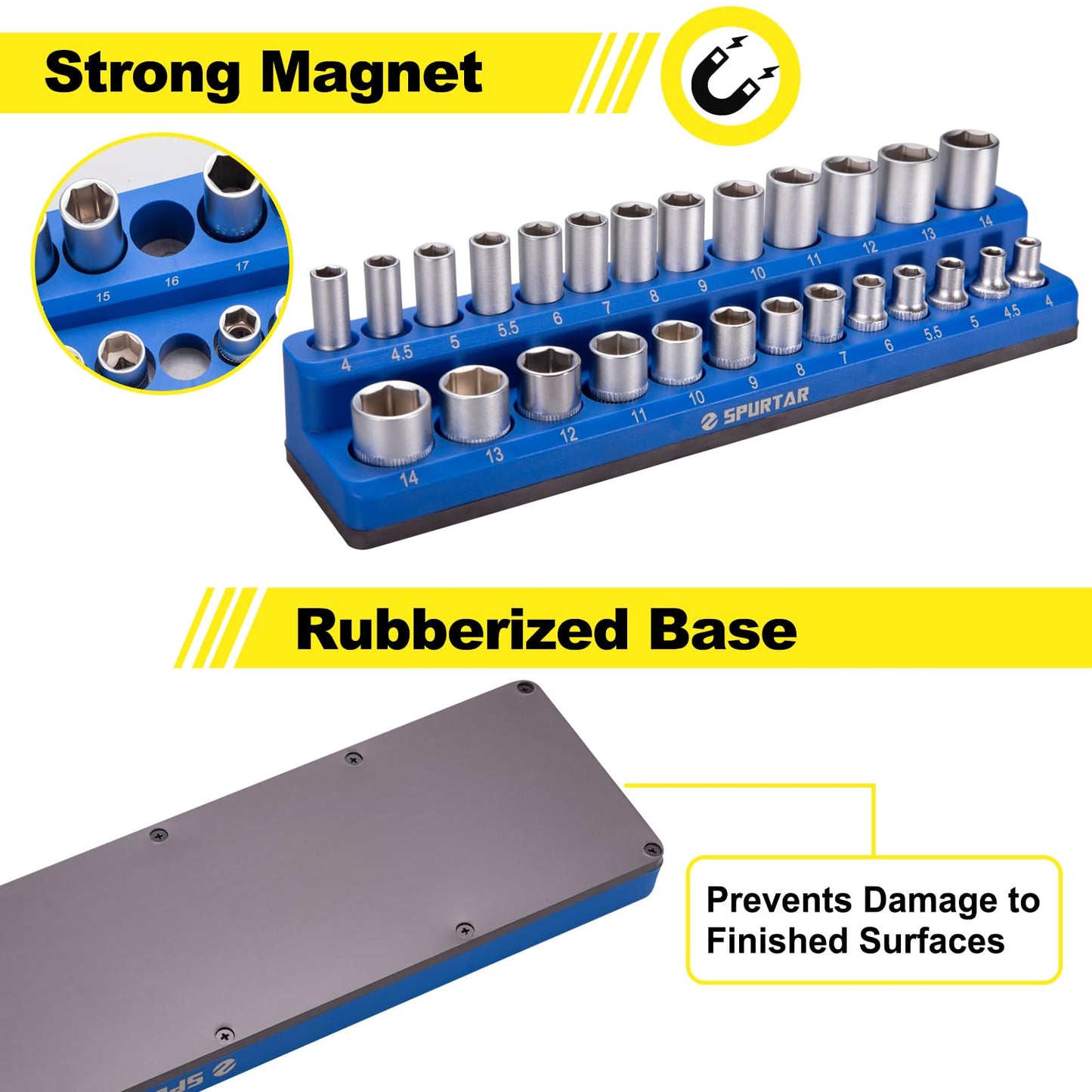 Spurtar Magnetic Socket Organizer 6 Pcs, Metric SAE Magnetic Socket Holder Includes 1/4-Inch, 3/8-Inch, 1/2-Inch Drive Metric SAE Trays, Holds 143 Standard Size and Deep Size (Sockets Not Included)