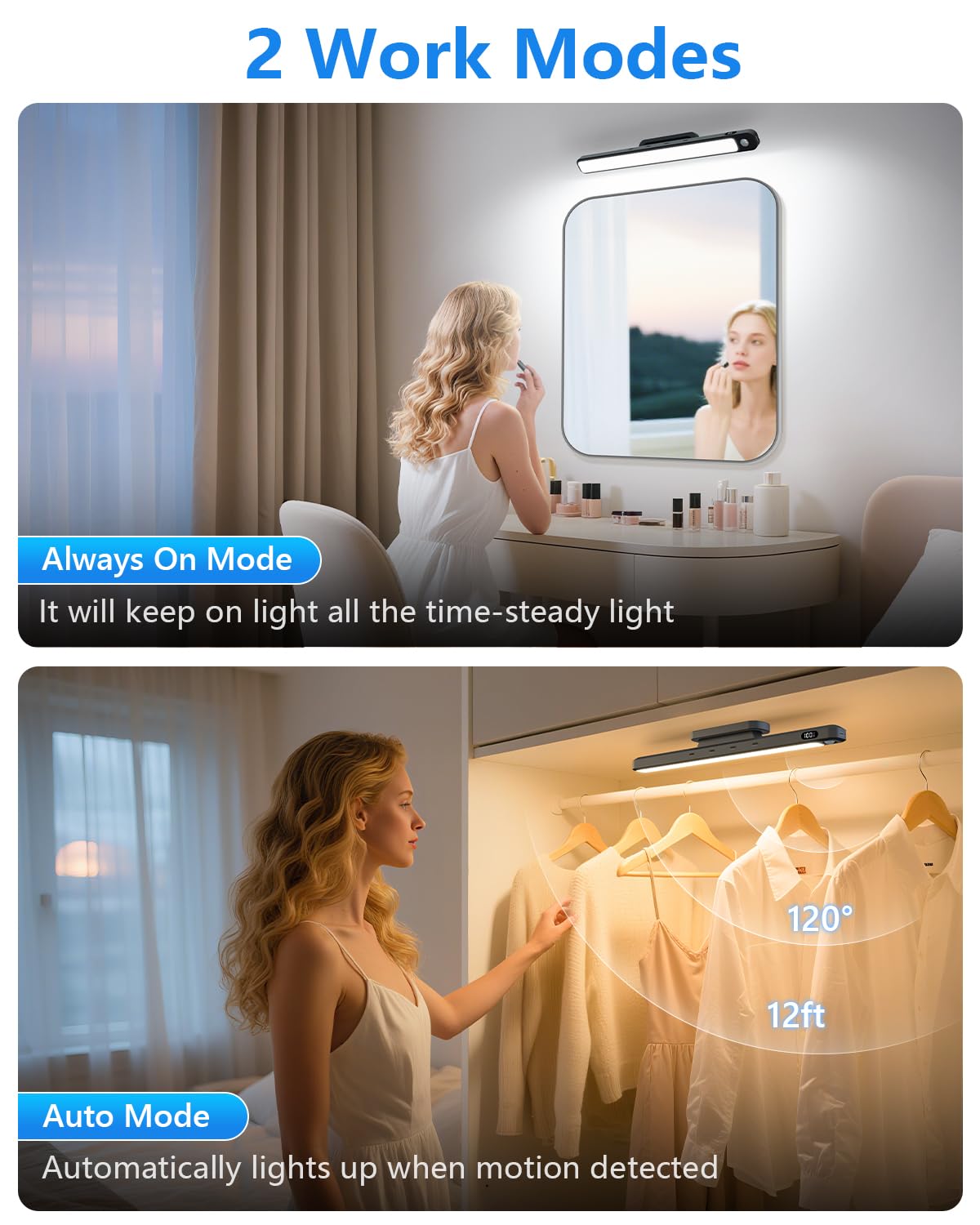 FERSWE 5W Under Cabinet Lighting, Rechargeable Motion Sensor Lights Indoor, Eye-Friendly Mirror Light with Battery Display, Rechargeable Light Bar for Cabinet, Closet, Bathroom and Kitchen