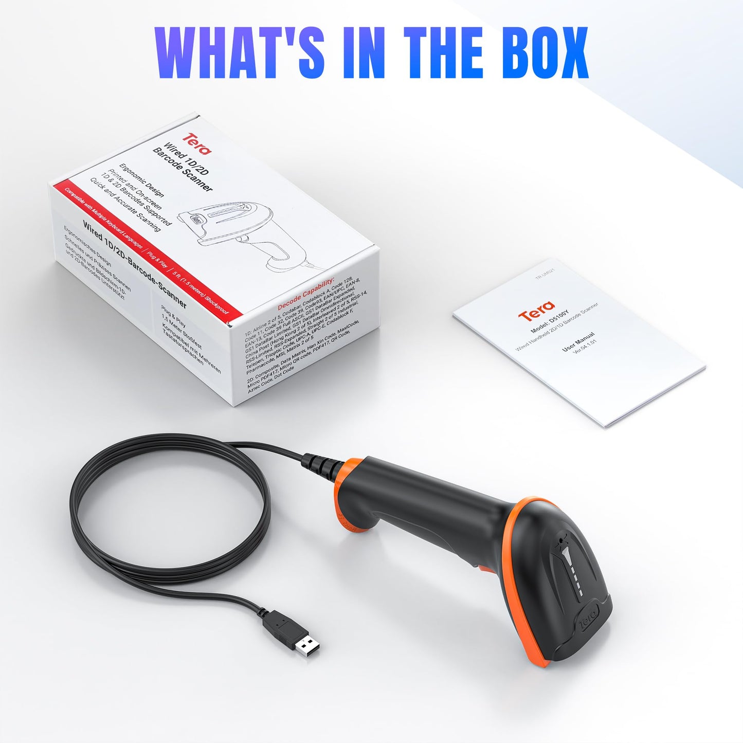 Tera 1D 2D QR Barcode Scanner Wired USB Handheld Support PDF417 Data Matrix 1D Bar Code Reader for Windows Mac Linux Plug and Play for Mobile Payment Convenience Store Supermarket Warehouse D5100Y