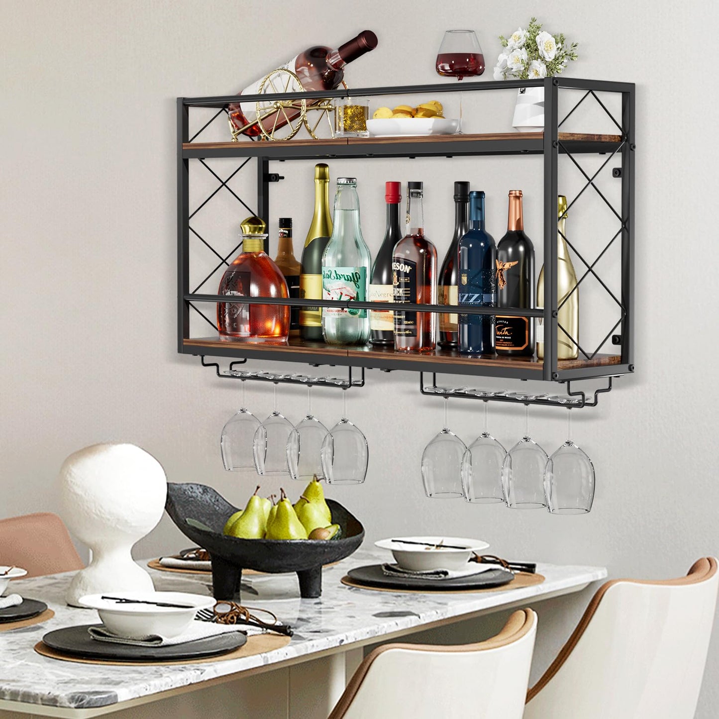 NEYCIL Wine Rack Wall Mount 2 Tier Wall Wine Rack with Glass Holder, Anti-Drop Crossbar, 31.5 Inch Metal Wine Rack for Home Kitchen Dining Room Bar, Black