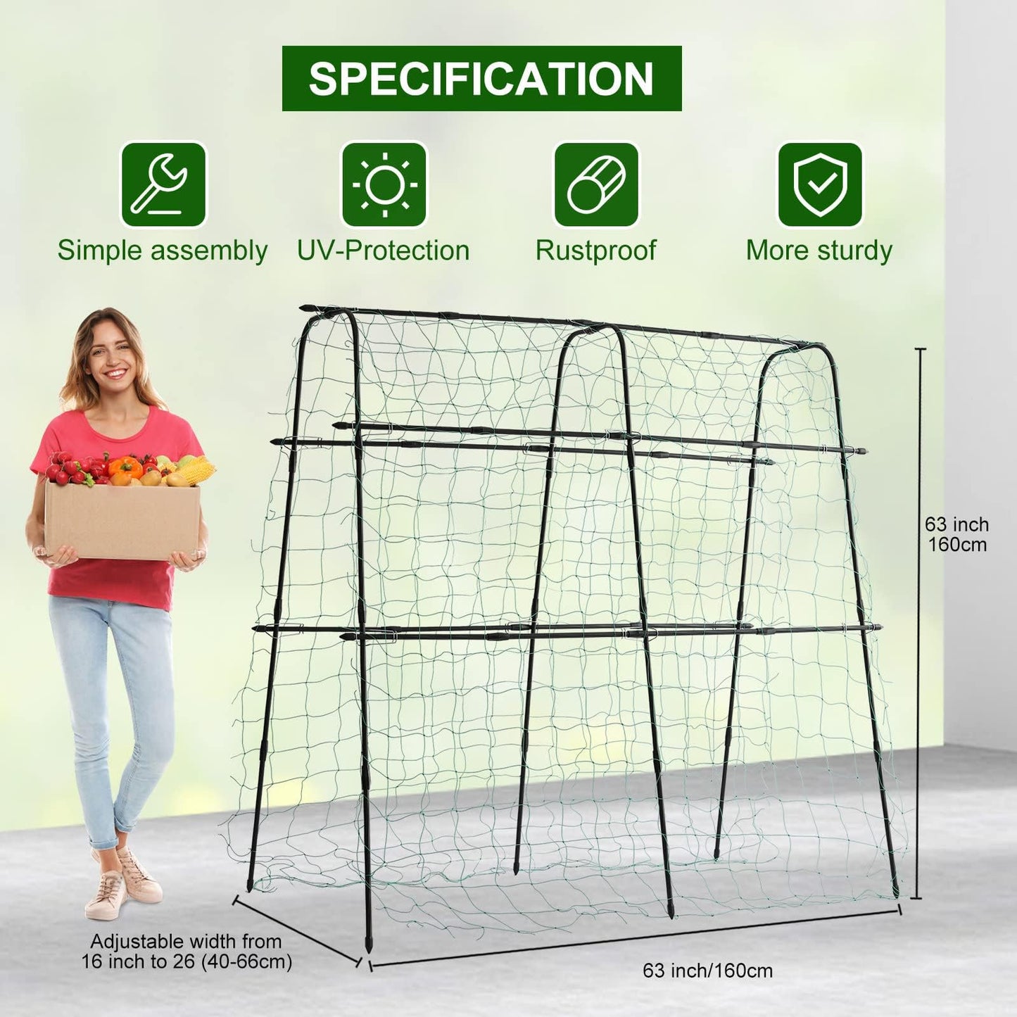 FOLLOOK Cucumber Trellis for Garden, 63" Tall Metal Pea Tunnel Garden Arch Trellis for Climbing Plants Outdoor, A Frame Trellis Support Vegetables Squash Cucumber Trellis for Raised Bed, Lightweight