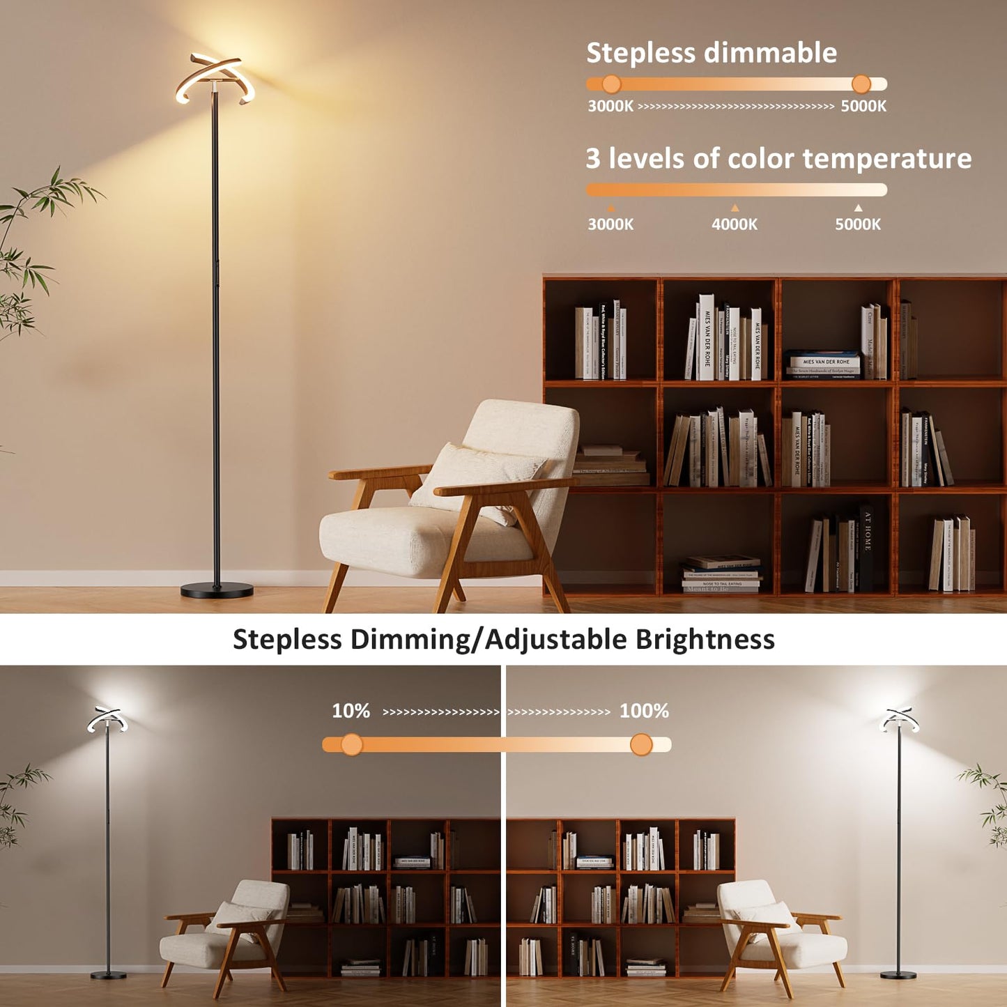 Ambimall Torchiere Floor Lamp, 2400LM LED Floor Lamp with Touch an d Remote Control, 70" Tall Standing Lamp with Stepless Dimmable and 3000K-5000K Color, Separately Rotatable Design(Black)