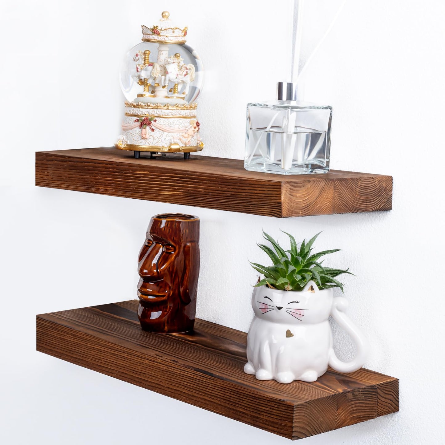 2 Pc Natural Pine Wooden Floating Shelves for Wall with No Drilling; Wall Mounted Wood Shelf Set; Wall Shelves for Living Room, Bathroom, Kitchen and Bedroom Bookshelf (Walnut,16)