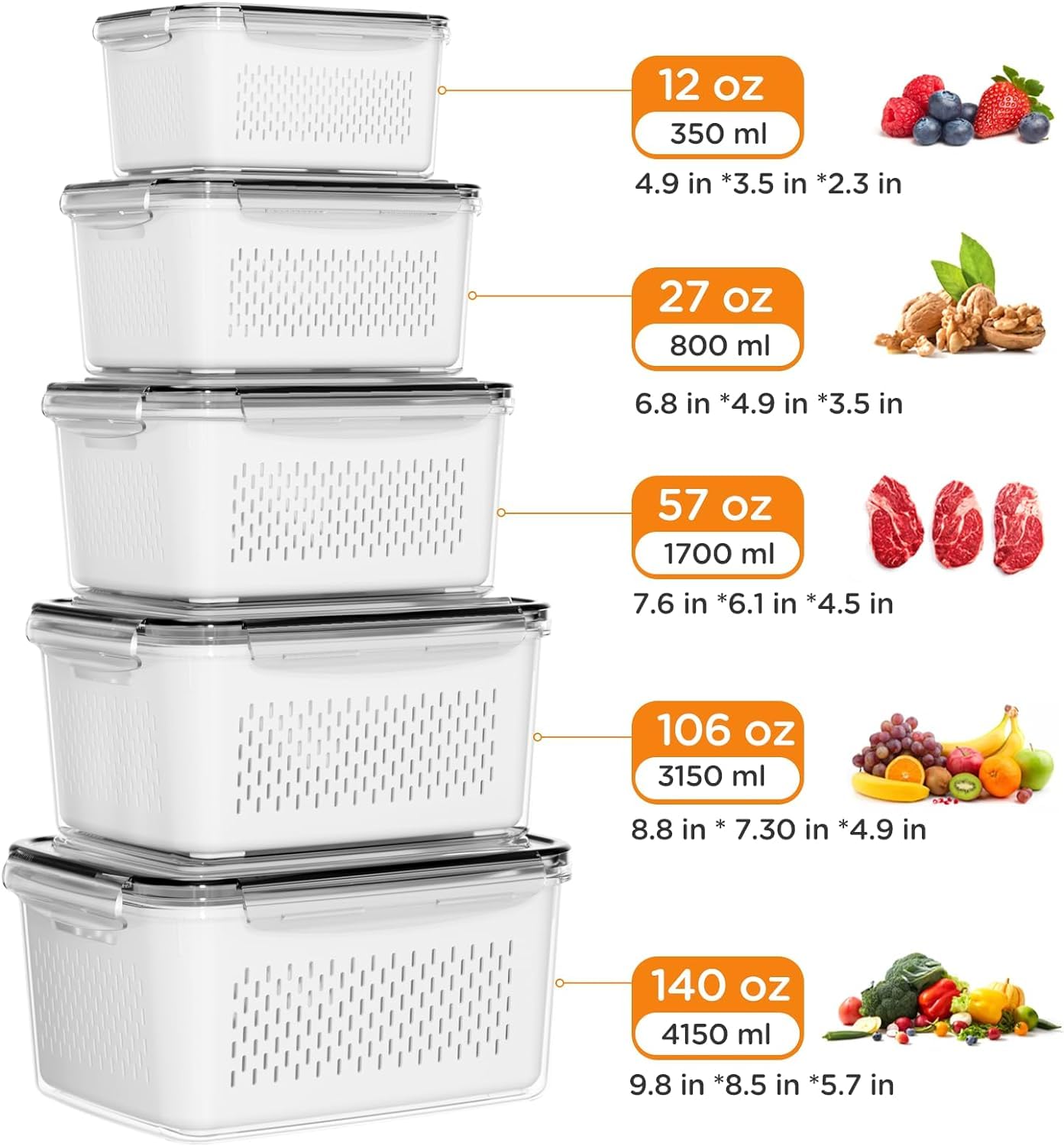 JSCARES 5-Pack Fruit Storage Containers for Fridge with Removable Colanders, 5 in 1 Plastic Fresh Saver Containers BPA Free with Lid for Salad Berry Lettuce Vegetables Meat Keeper (5 Pack)