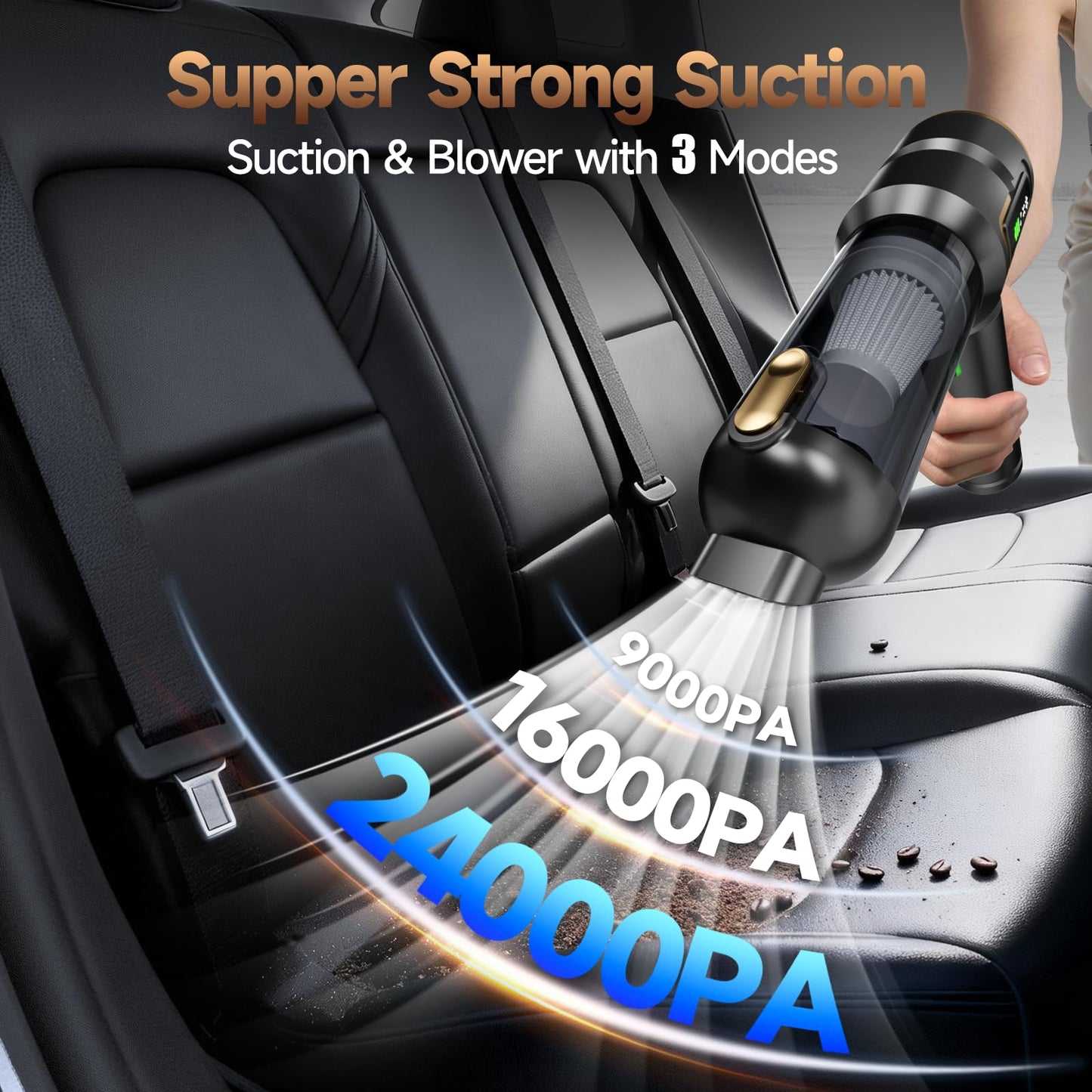 Car Vacuum Cleaner Cordless Powerful, 24000PA Handheld Vacuum Portable, Mini Vacuum with 3 Modes, LED Display, One-Click Empty, Rechargeable Duster/Blower/Pump Hand Vacuum for Car, Home,Office